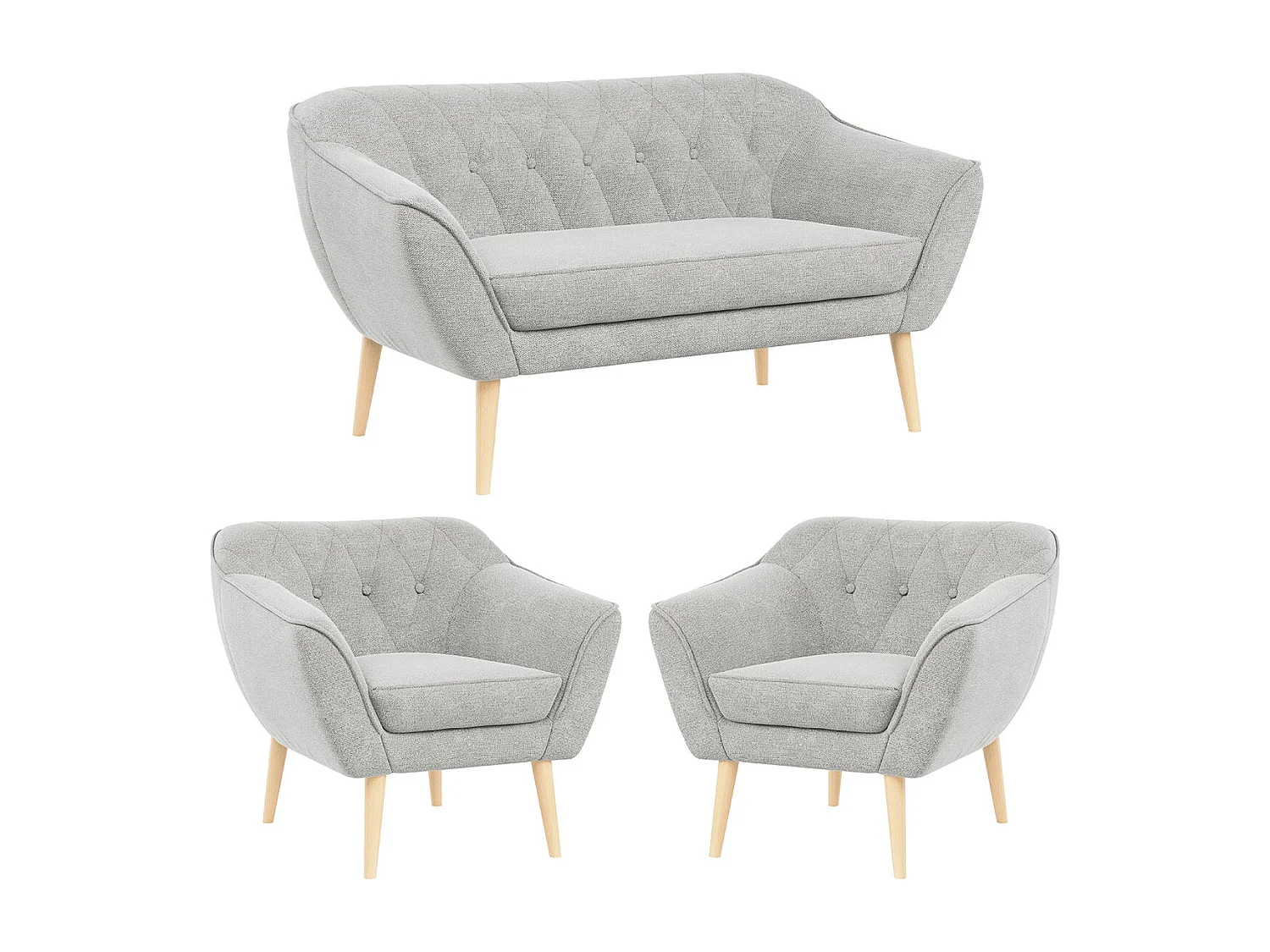 Sofagarnitur PIRS - 2+1+1, Sofa mit Sesseln, Skandinavischer Design, Armlehnen - Hellgrau Stukture