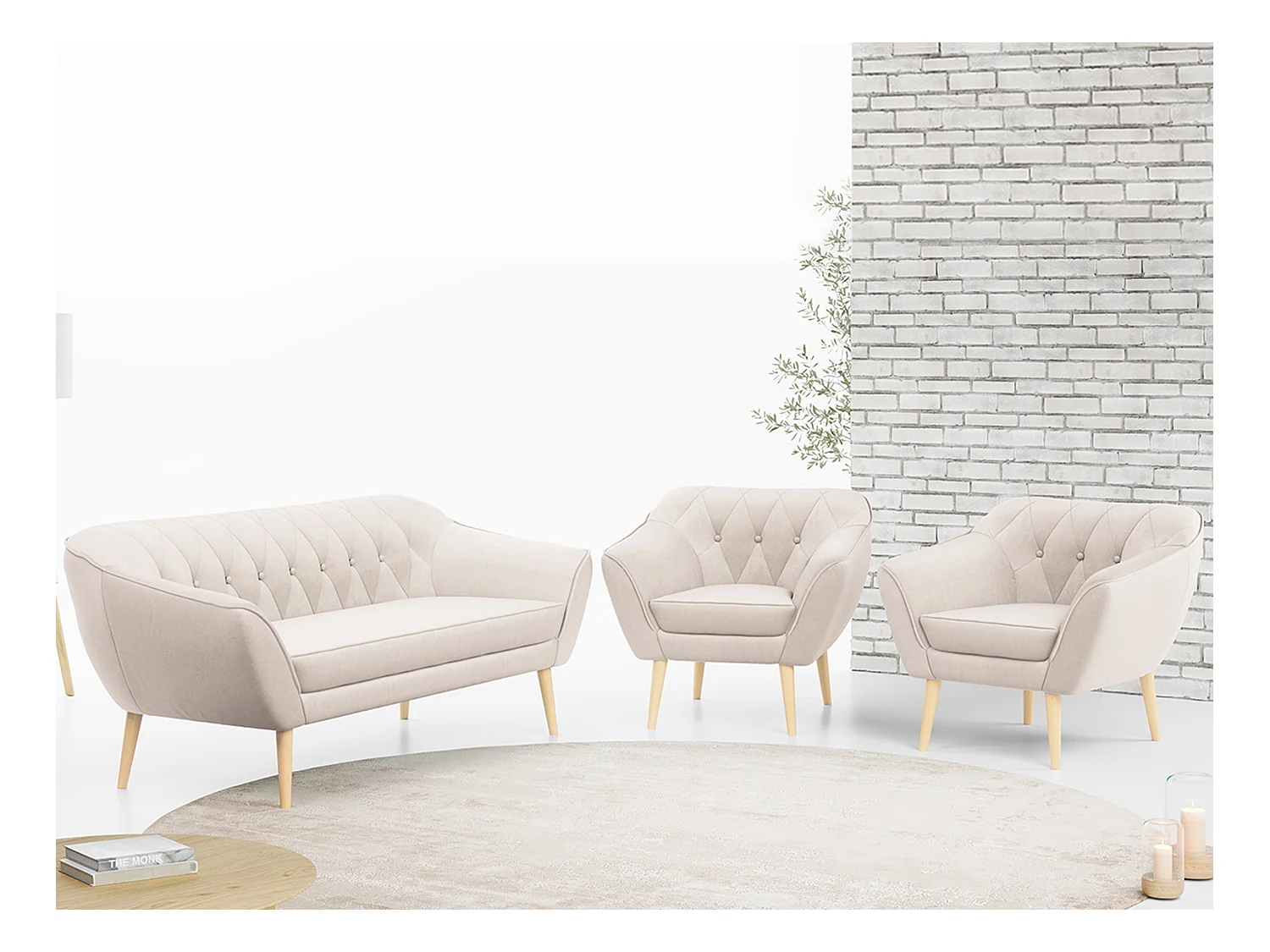 Couchgarnitur PIRS - 3+1+1, Armlehnen,Skandinavischer Design, 3-Sitzer Sofa mi Sesseln - Creme Velvet