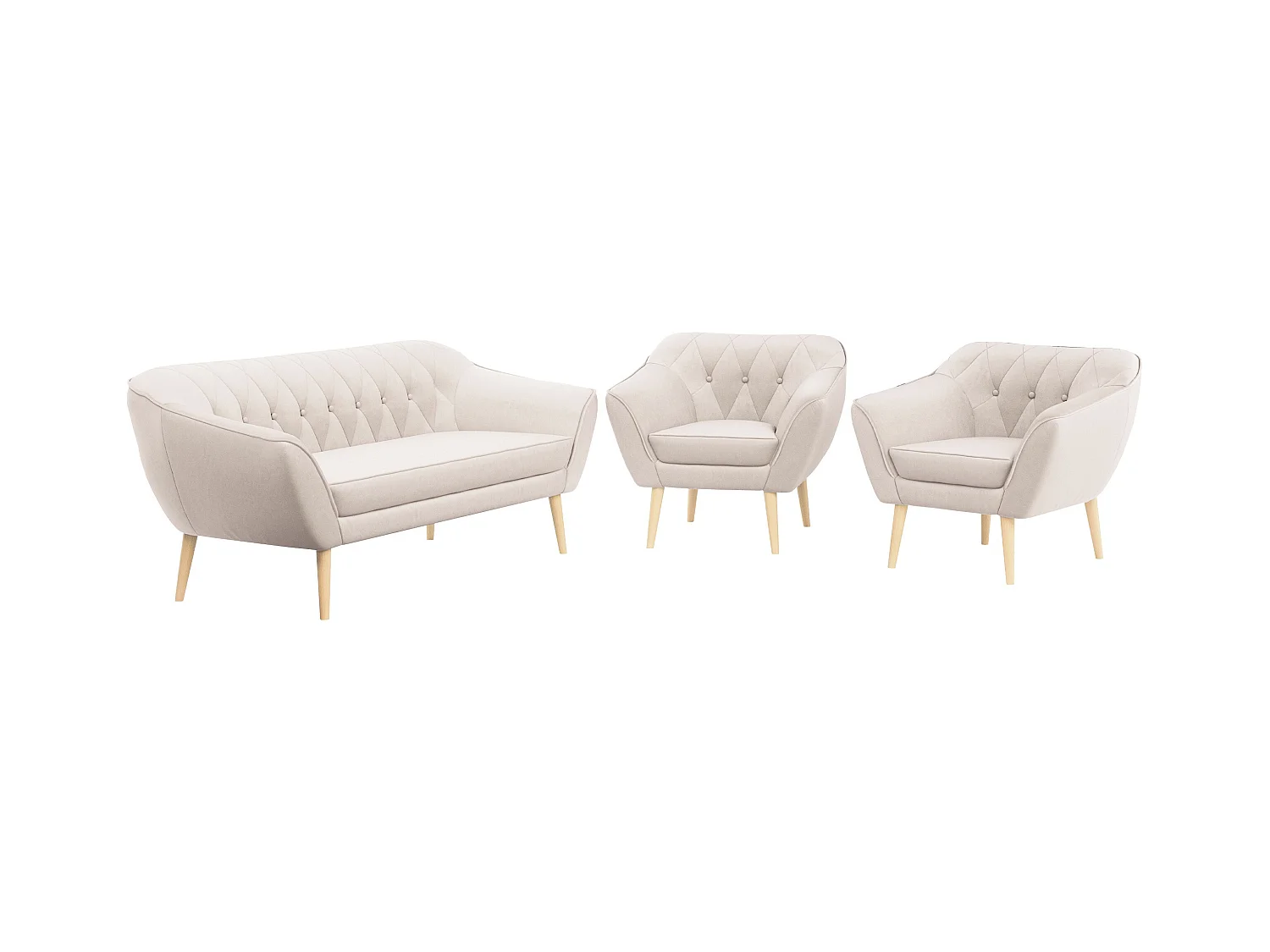 Couchgarnitur PIRS - 3+1+1, Armlehnen,Skandinavischer Design, 3-Sitzer Sofa mi Sesseln - Creme Velvet