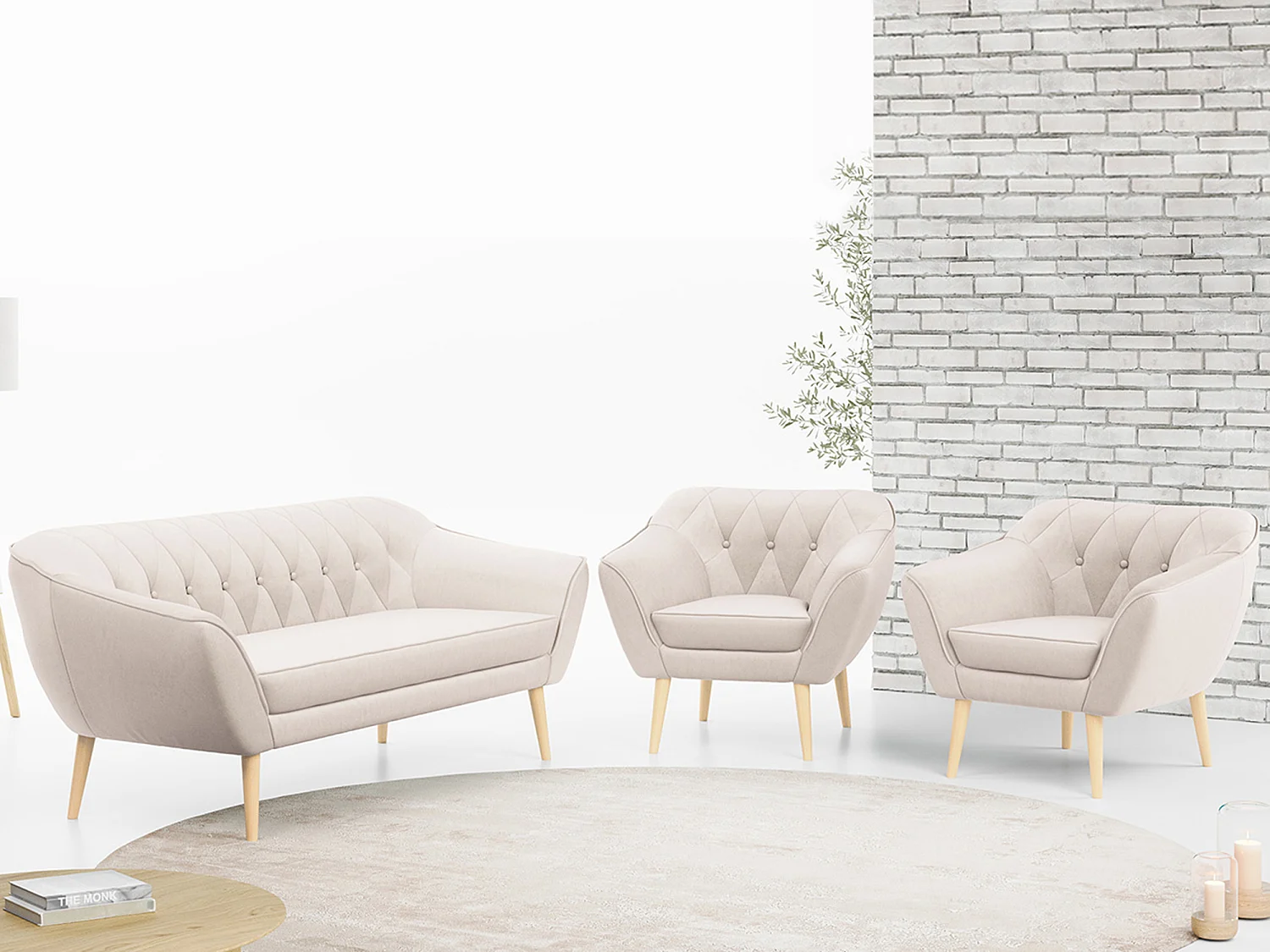 Couchgarnitur PIRS - 3+1+1, Armlehnen,Skandinavischer Design, 3-Sitzer Sofa mi Sesseln - Creme Velvet