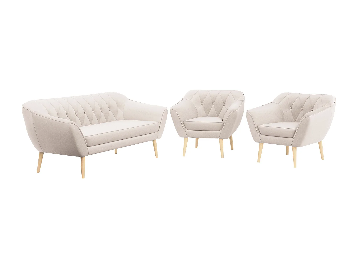 Couchgarnitur PIRS - 3+1+1, Armlehnen,Skandinavischer Design, 3-Sitzer Sofa mi Sesseln - Creme Velvet