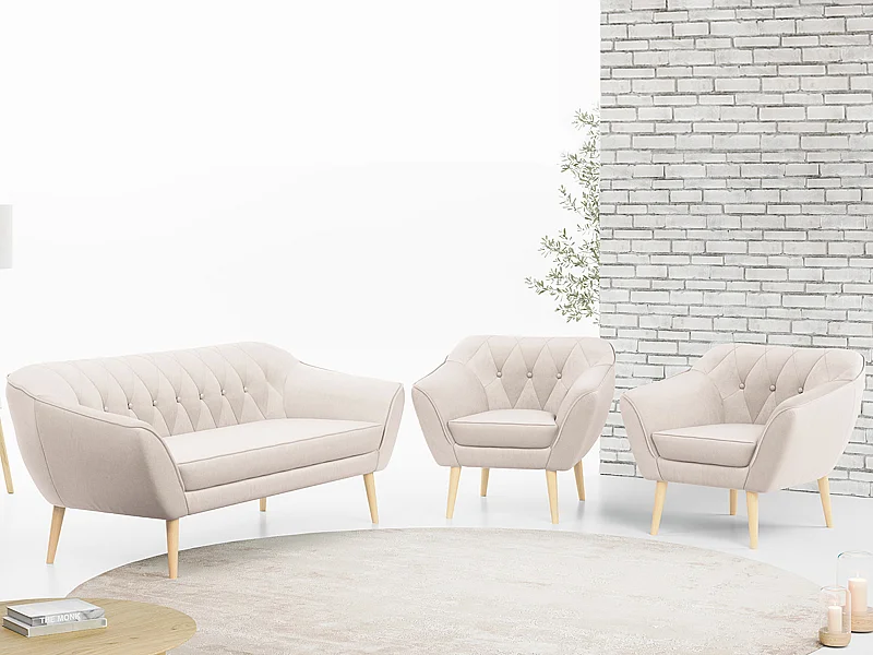 Couchgarnitur PIRS - 3+1+1, Armlehnen,Skandinavischer Design, 3-Sitzer Sofa mi Sesseln - Creme Velvet