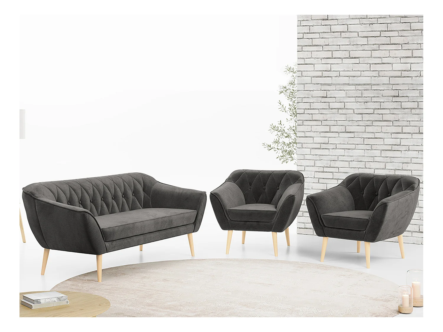 Couchgarnitur PIRS - 3+1+1, Armlehnen,Skandinavischer Design, 3-Sitzer Sofa mi Sesseln - Grau Velvet