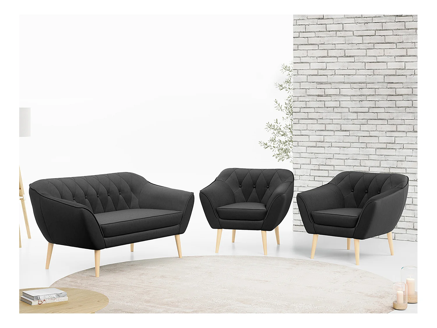 Sofagarnitur PIRS - 2+1+1, Sofa mit Sesseln, Skandinavischer Design, Armlehnen - Grau Velvet