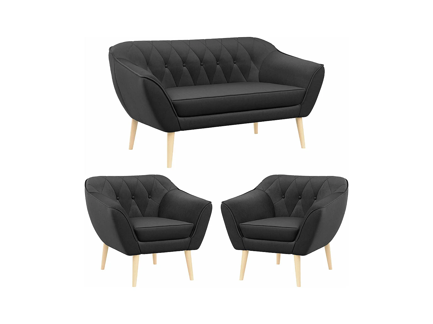 Sofagarnitur PIRS - 2+1+1, Sofa mit Sesseln, Skandinavischer Design, Armlehnen - Grau Velvet