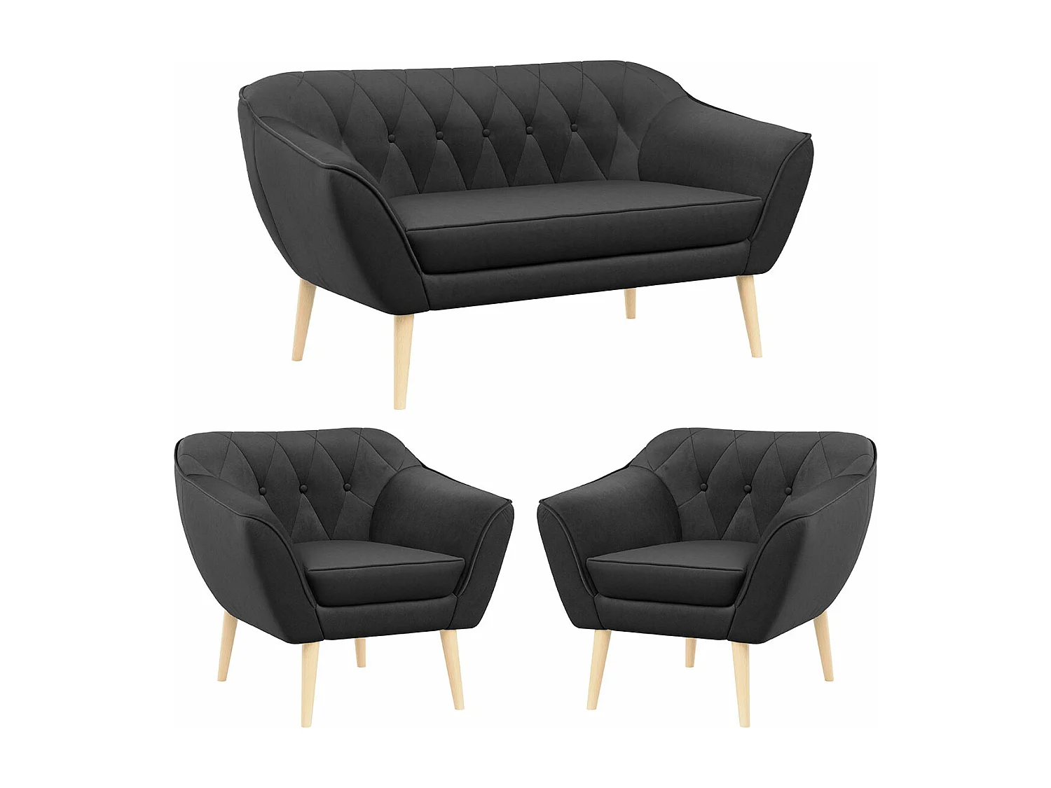 Sofagarnitur PIRS - 2+1+1, Sofa mit Sesseln, Skandinavischer Design, Armlehnen - Grau Velvet
