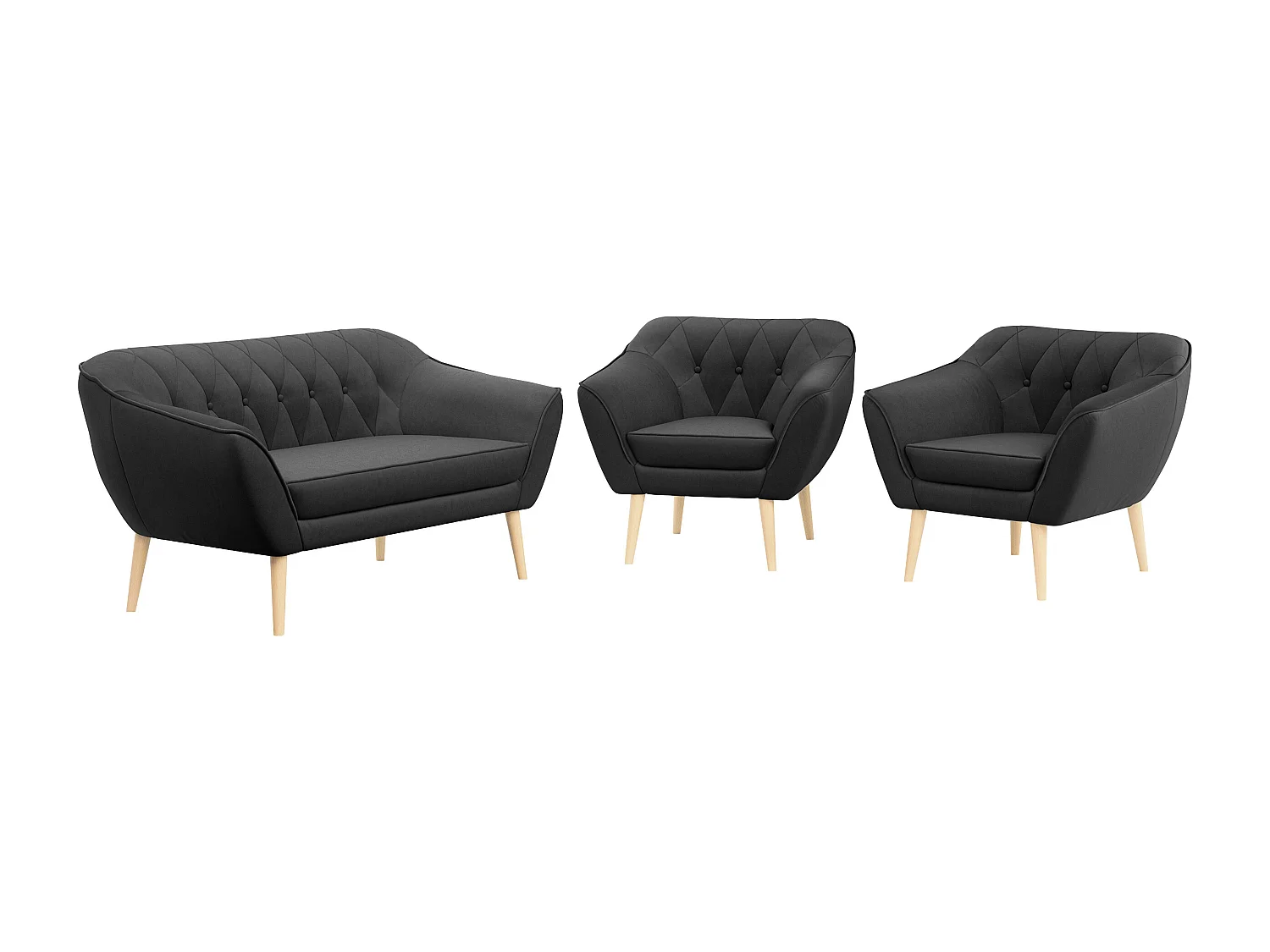 Sofagarnitur PIRS - 2+1+1, Sofa mit Sesseln, Skandinavischer Design, Armlehnen - Grau Velvet