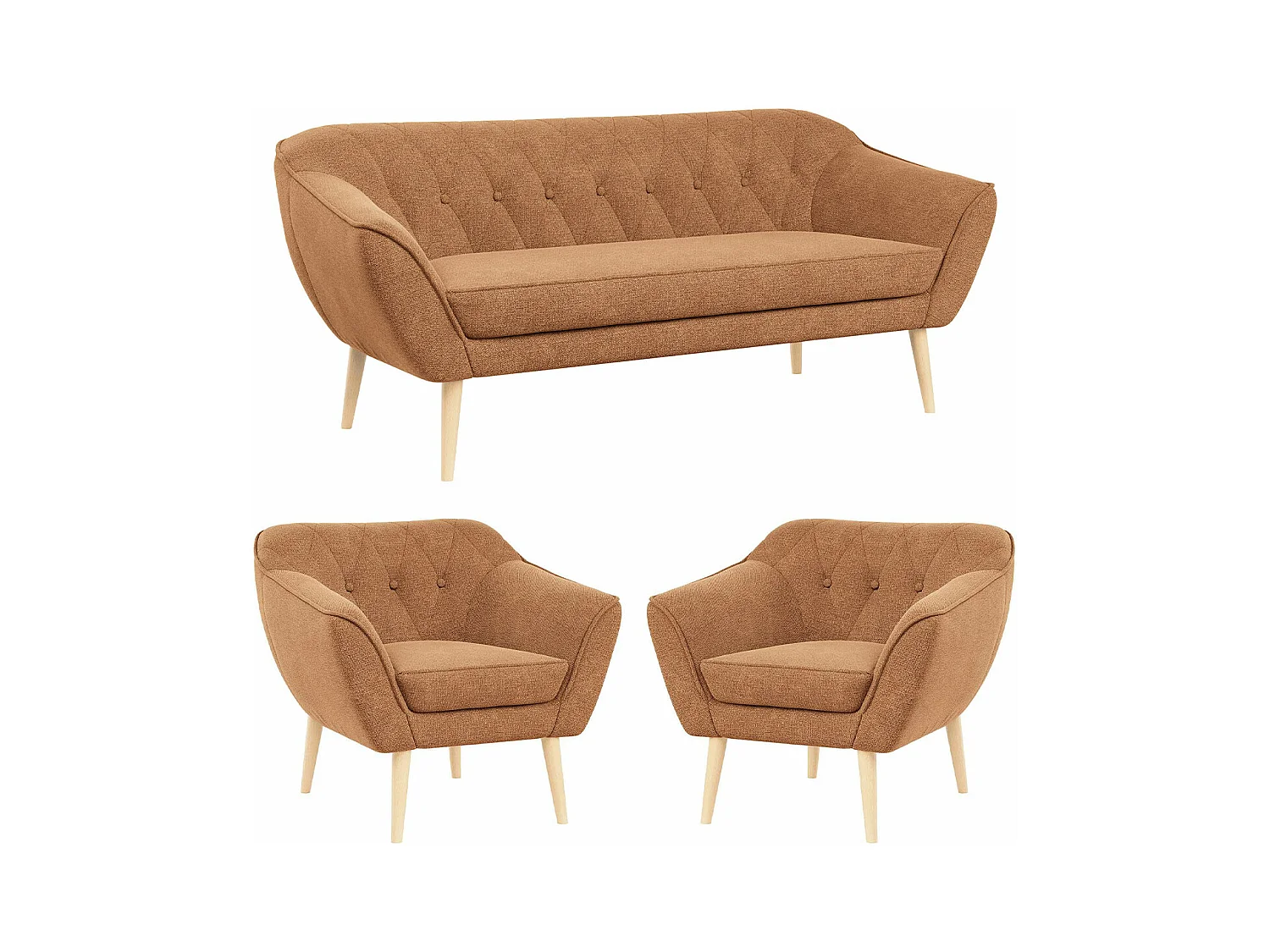 Couchgarnitur PIRS - 3+1+1, Armlehnen,Skandinavischer Design, 3-Sitzer Sofa mi Sesseln - Orange Stukture