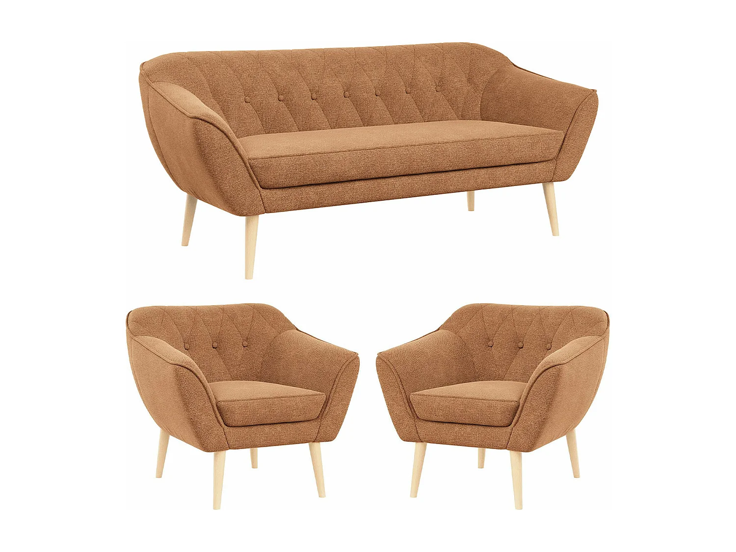 Couchgarnitur PIRS - 3+1+1, Armlehnen,Skandinavischer Design, 3-Sitzer Sofa mi Sesseln - Orange Stukture