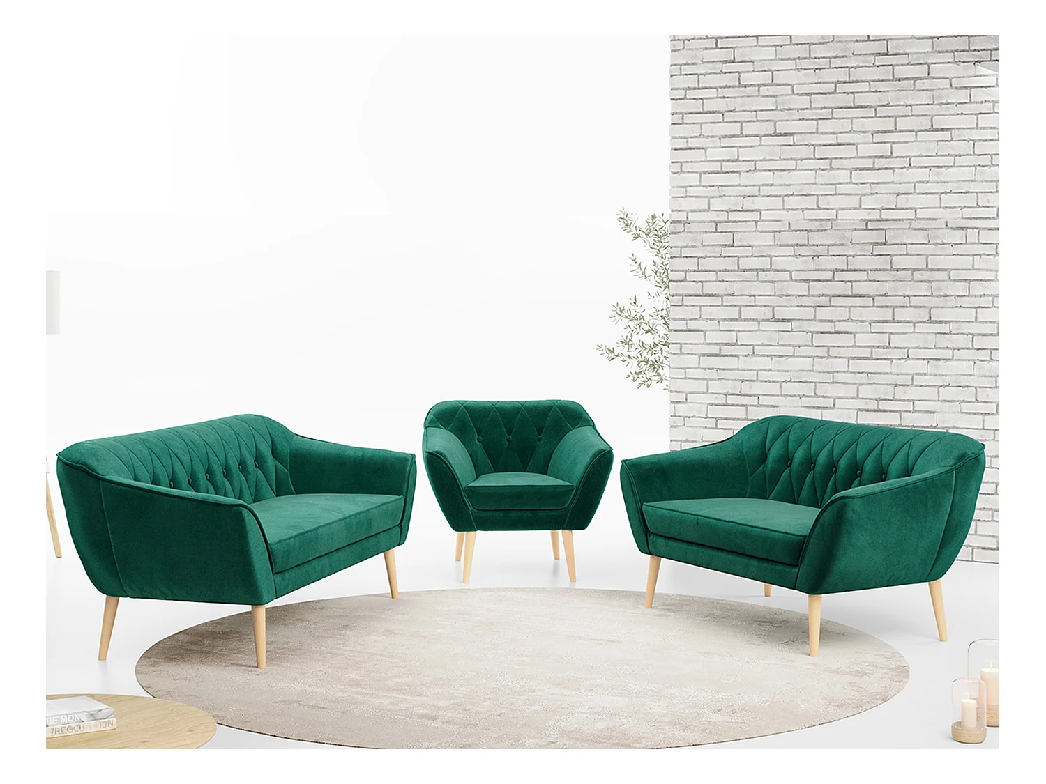 Couchgarnitur PIRS - 3+2+1, mit Armlehnen, Holzbeine, Skandinavischer Design - Dunkelgrün Velvet