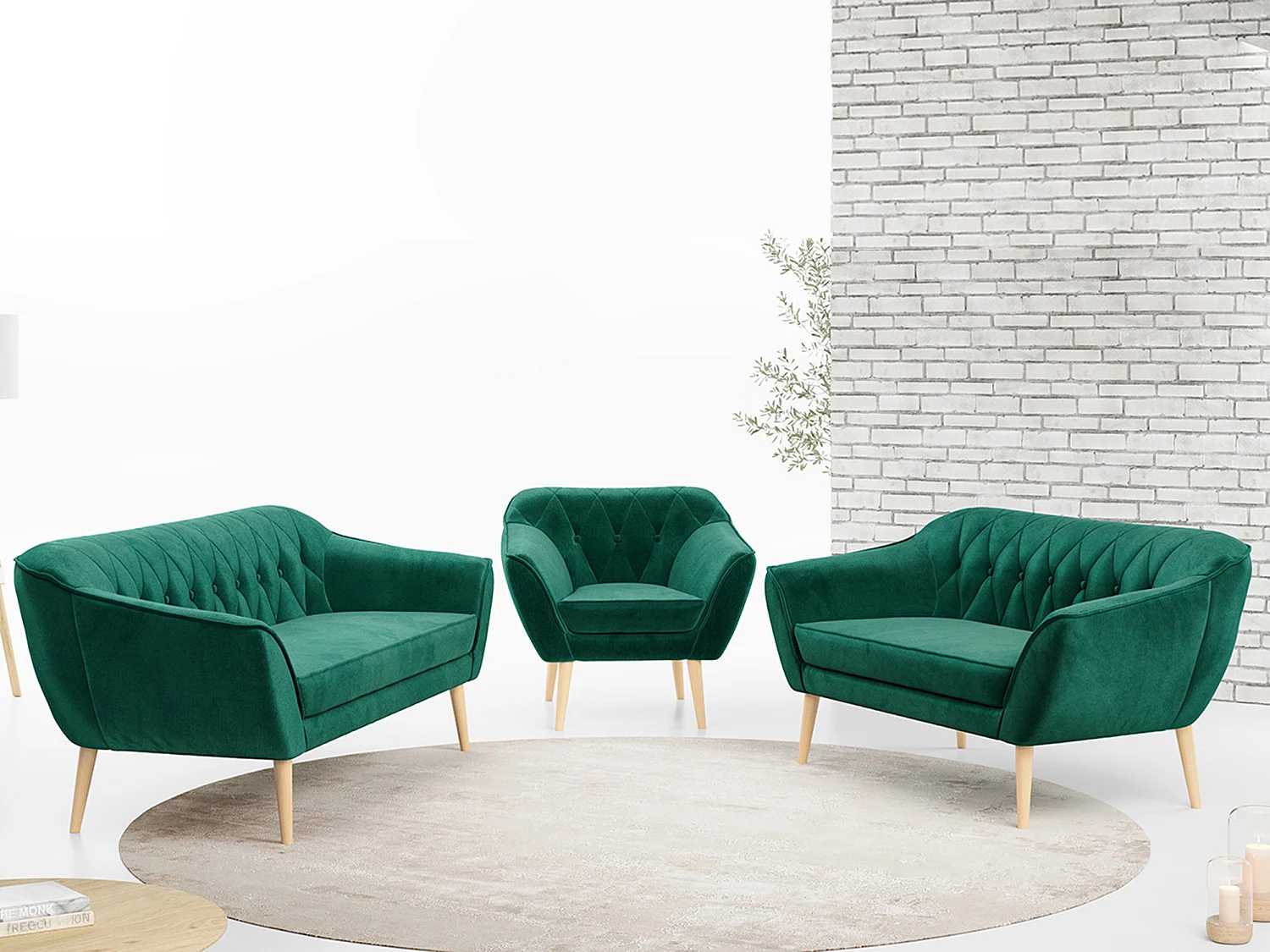 Couchgarnitur PIRS - 3+2+1, mit Armlehnen, Holzbeine, Skandinavischer Design - Dunkelgrün Velvet