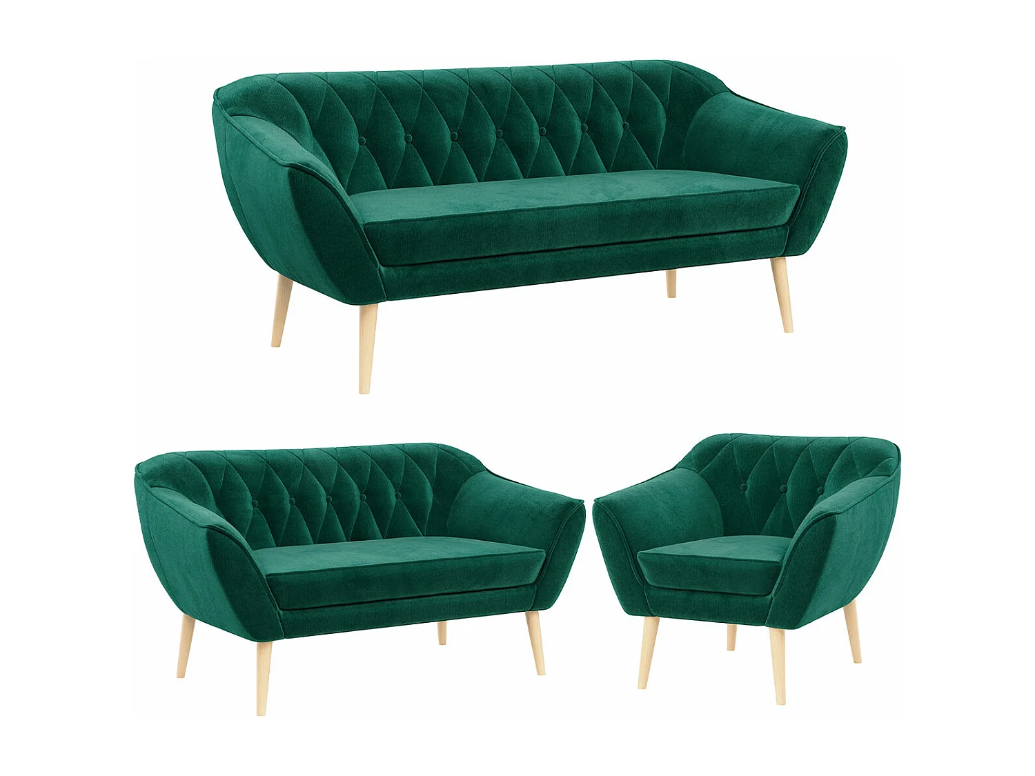 Couchgarnitur PIRS - 3+2+1, mit Armlehnen, Holzbeine, Skandinavischer Design - Dunkelgrün Velvet