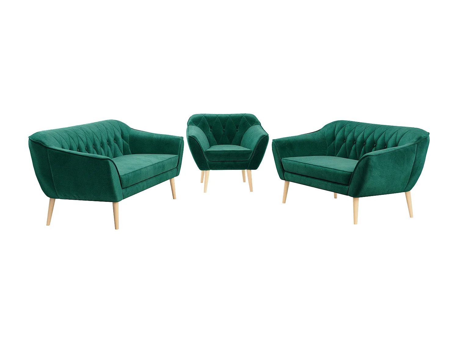 Couchgarnitur PIRS - 3+2+1, mit Armlehnen, Holzbeine, Skandinavischer Design - Dunkelgrün Velvet