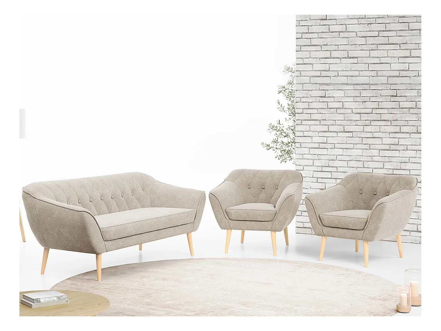 Couchgarnitur PIRS - 3+1+1, Armlehnen,Skandinavischer Design, 3-Sitzer Sofa mi Sesseln - Beige Stukture