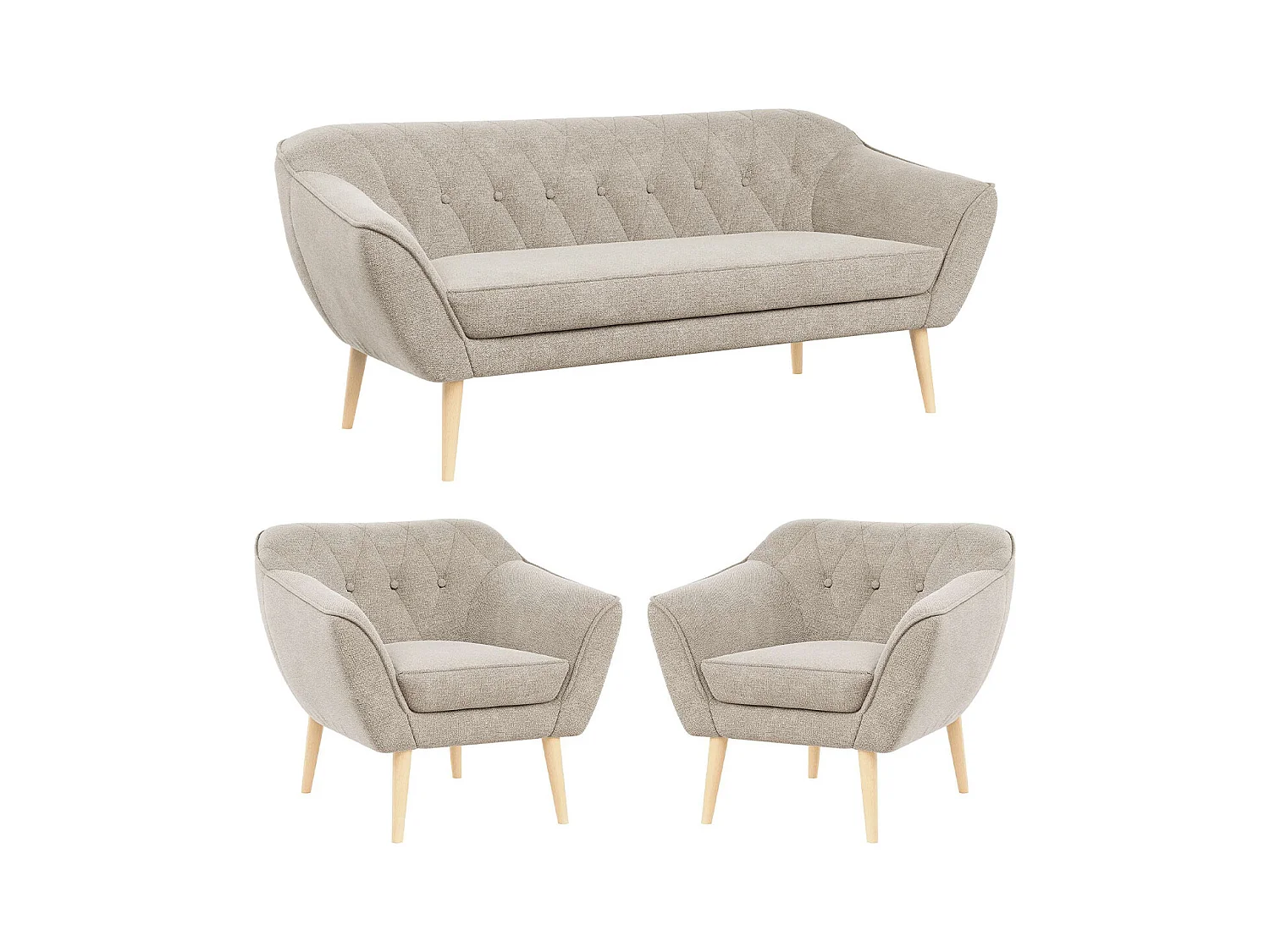 Couchgarnitur PIRS - 3+1+1, Armlehnen,Skandinavischer Design, 3-Sitzer Sofa mi Sesseln - Beige Stukture