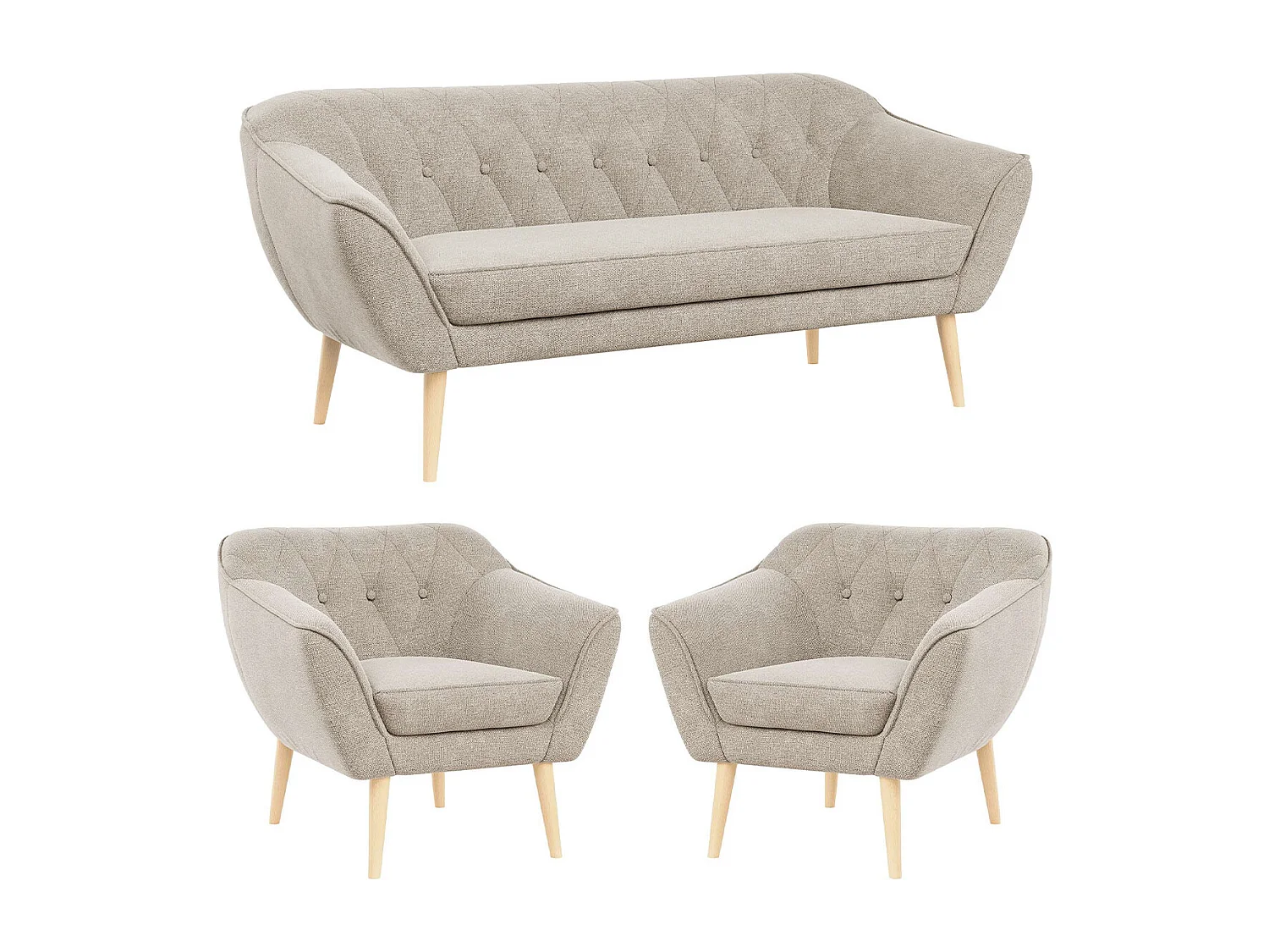 Couchgarnitur PIRS - 3+1+1, Armlehnen,Skandinavischer Design, 3-Sitzer Sofa mi Sesseln - Beige Stukture