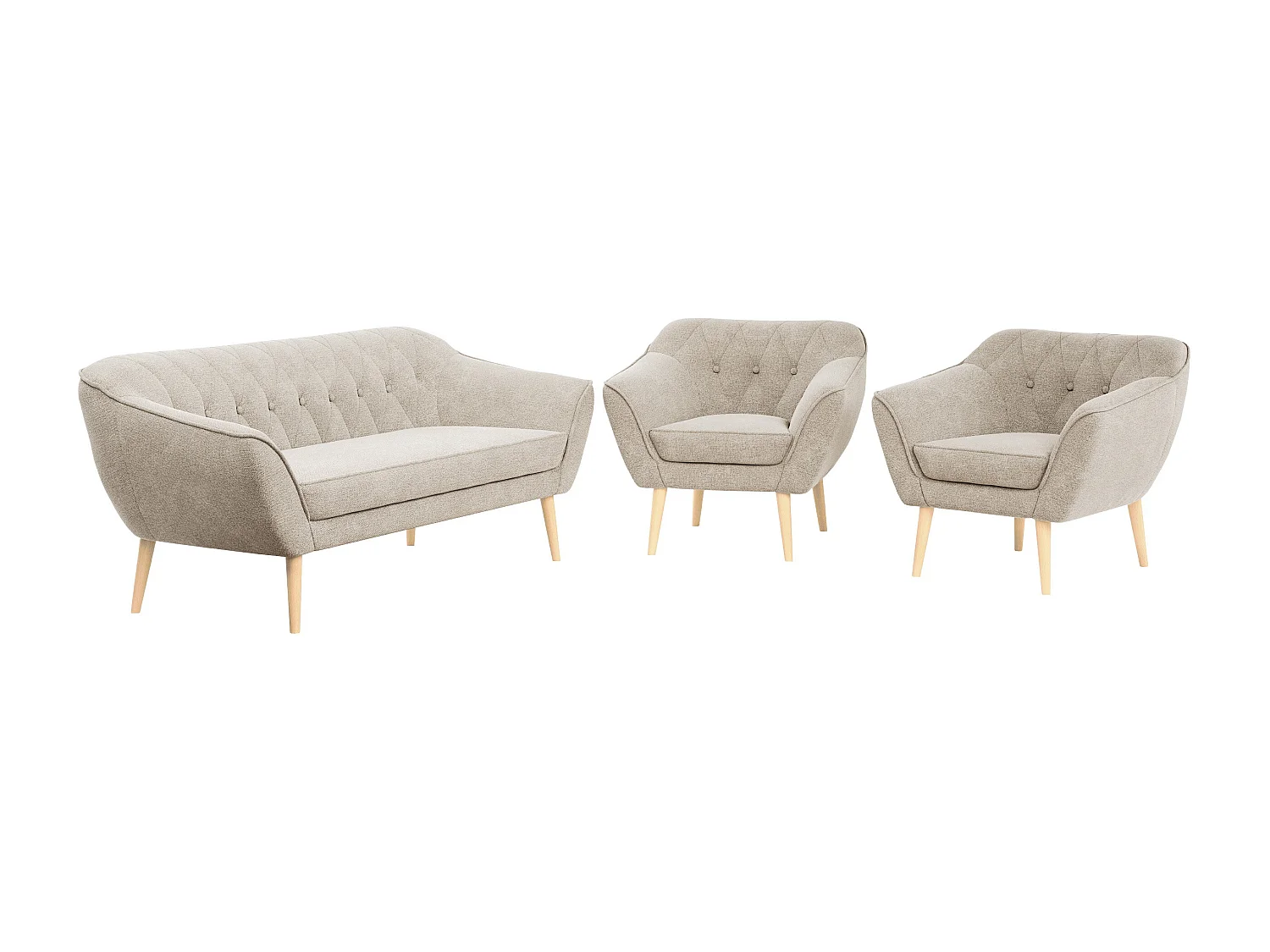 Couchgarnitur PIRS - 3+1+1, Armlehnen,Skandinavischer Design, 3-Sitzer Sofa mi Sesseln - Beige Stukture