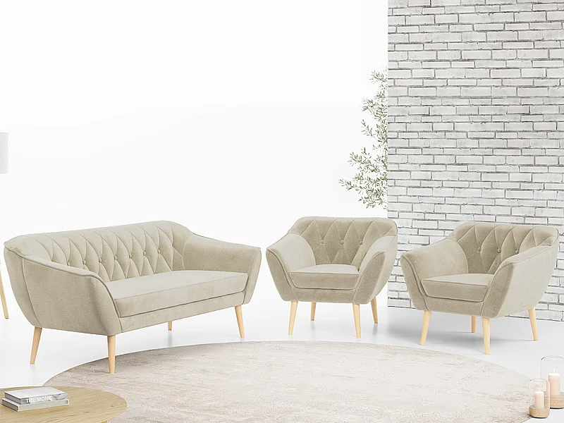 Couchgarnitur PIRS - 3+1+1, Armlehnen,Skandinavischer Design, 3-Sitzer Sofa mi Sesseln - Beige Velvet
