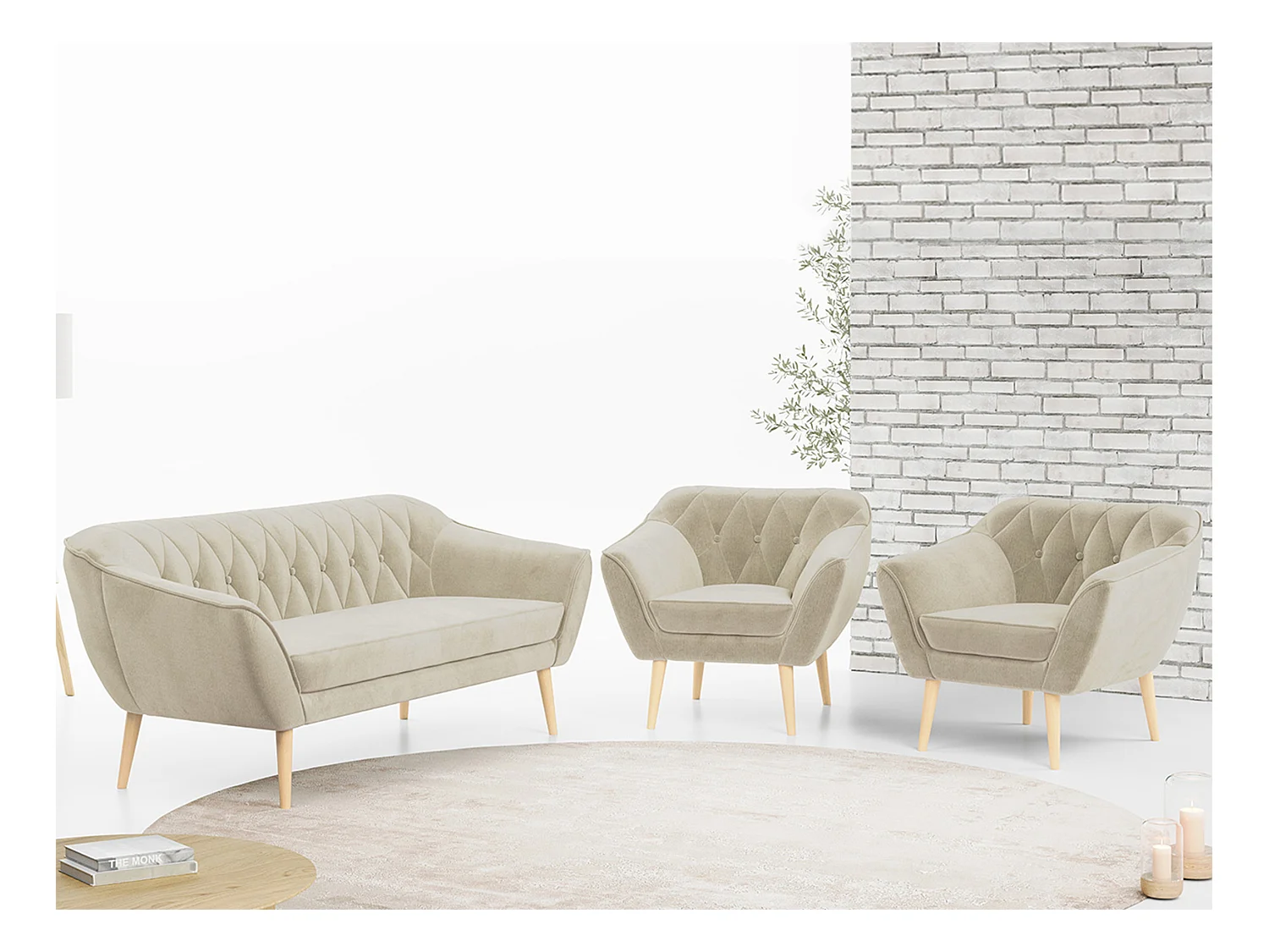 Couchgarnitur PIRS - 3+1+1, Armlehnen,Skandinavischer Design, 3-Sitzer Sofa mi Sesseln - Beige Velvet