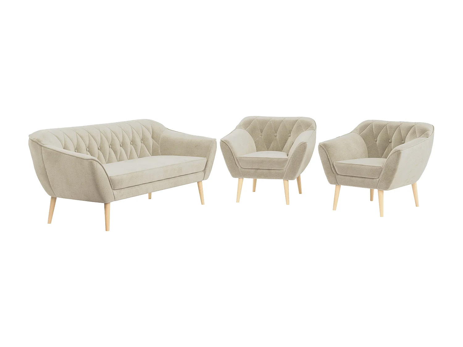 Couchgarnitur PIRS - 3+1+1, Armlehnen,Skandinavischer Design, 3-Sitzer Sofa mi Sesseln - Beige Velvet