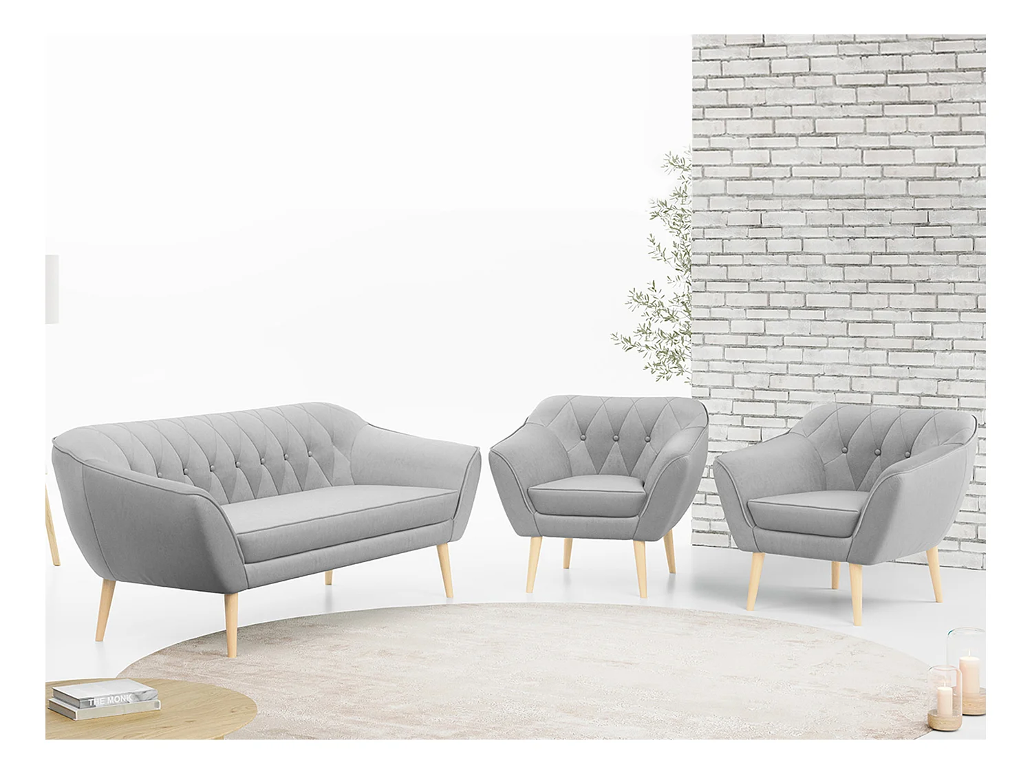 Couchgarnitur PIRS - 3+1+1, Armlehnen,Skandinavischer Design, 3-Sitzer Sofa mi Sesseln - Hellgrau Velvet