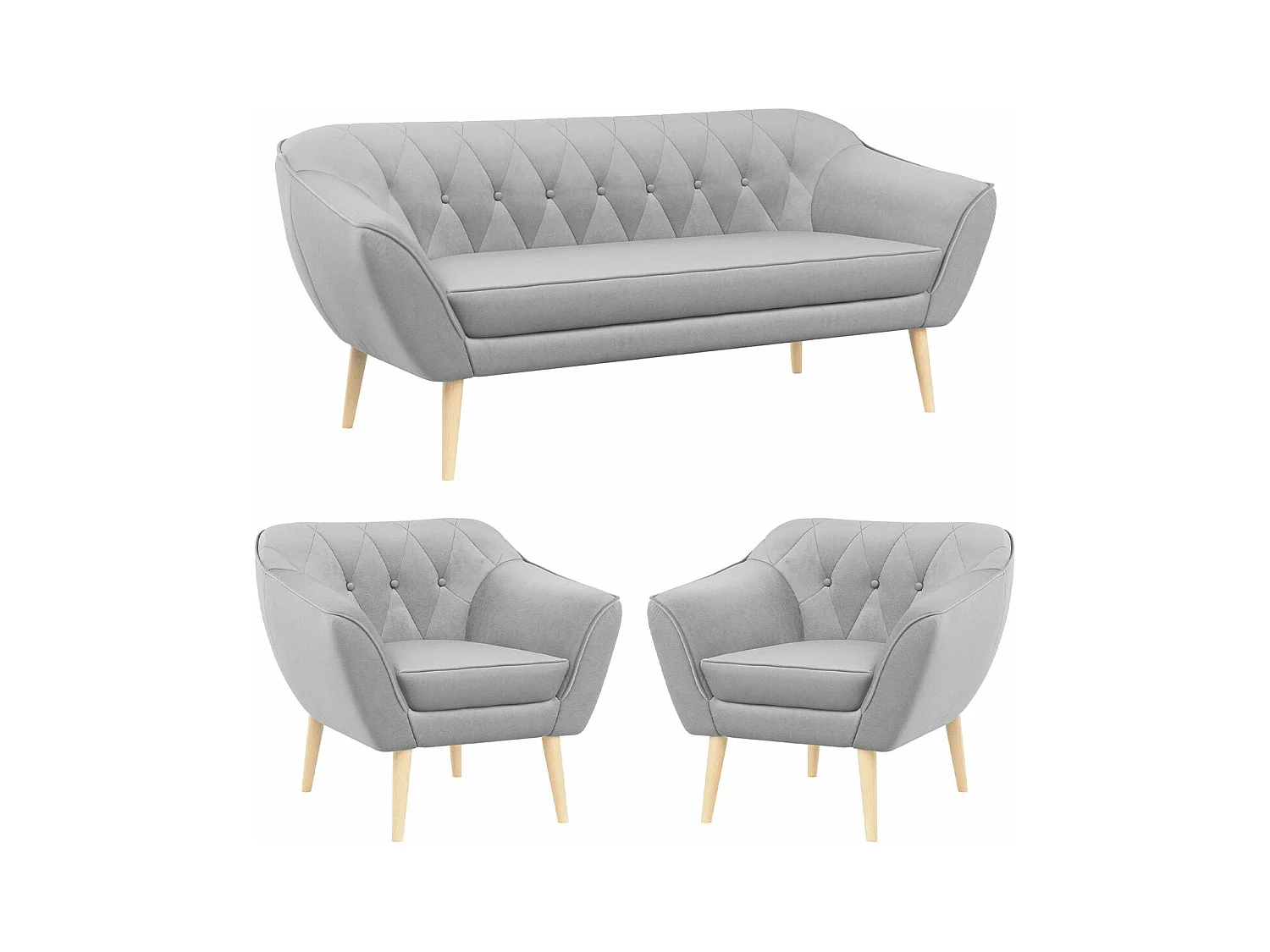 Couchgarnitur PIRS - 3+1+1, Armlehnen,Skandinavischer Design, 3-Sitzer Sofa mi Sesseln - Hellgrau Velvet