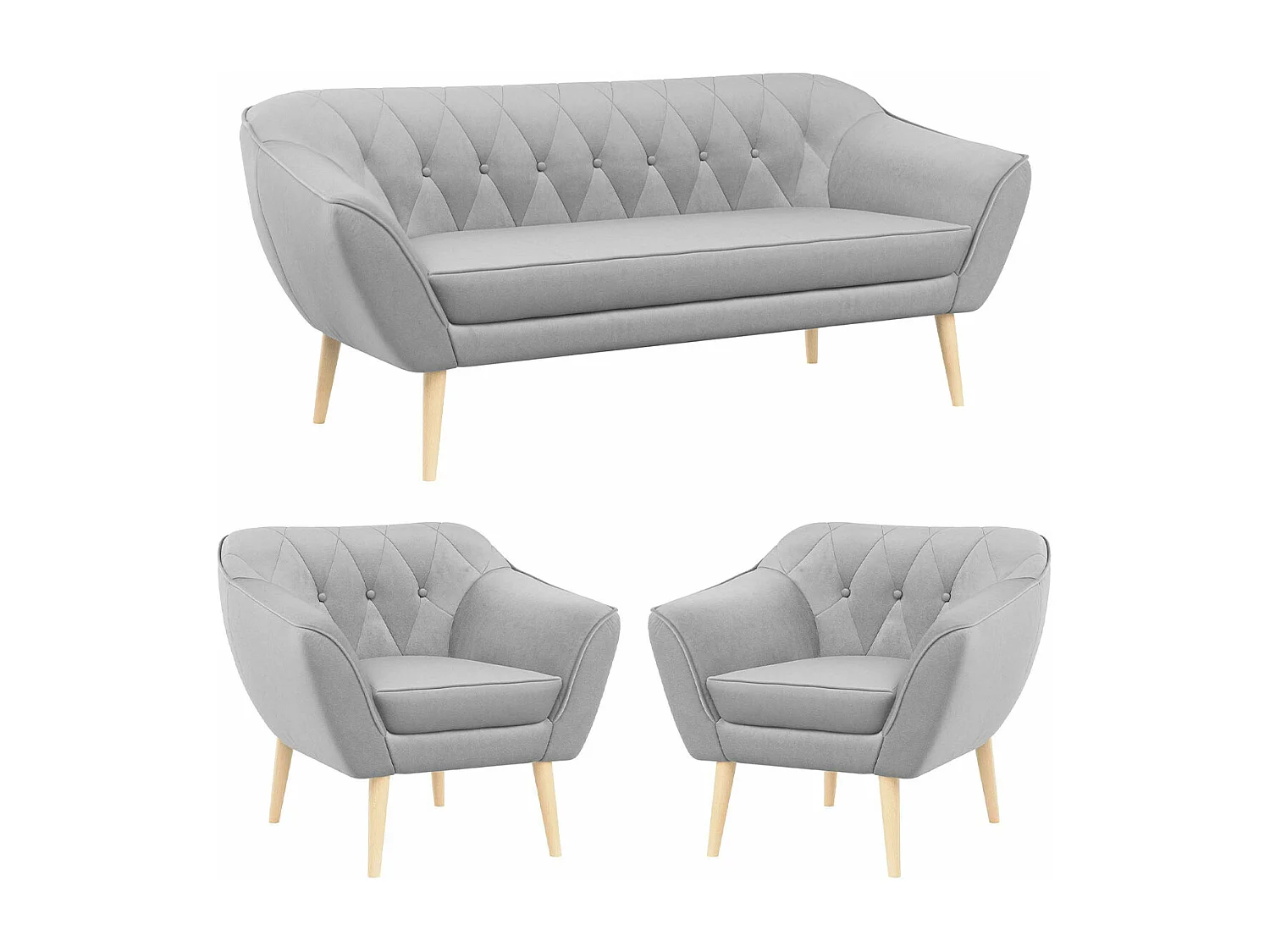 Couchgarnitur PIRS - 3+1+1, Armlehnen,Skandinavischer Design, 3-Sitzer Sofa mi Sesseln - Hellgrau Velvet