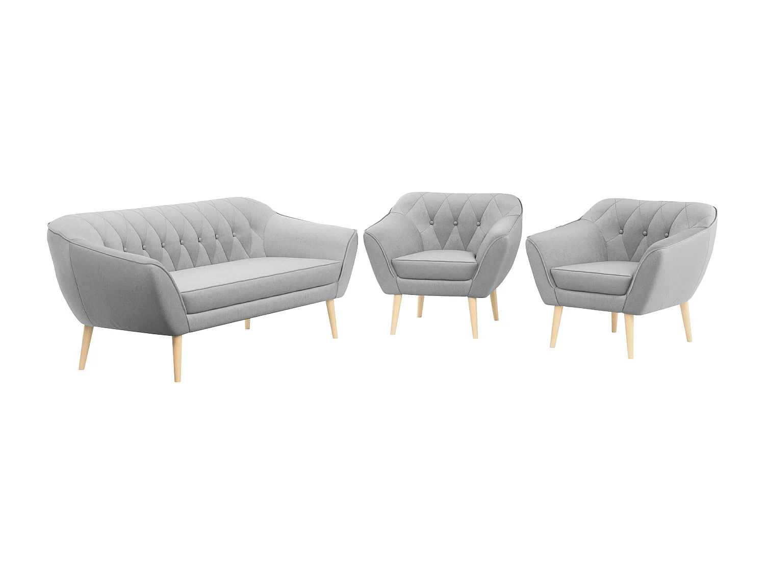 Couchgarnitur PIRS - 3+1+1, Armlehnen,Skandinavischer Design, 3-Sitzer Sofa mi Sesseln - Hellgrau Velvet