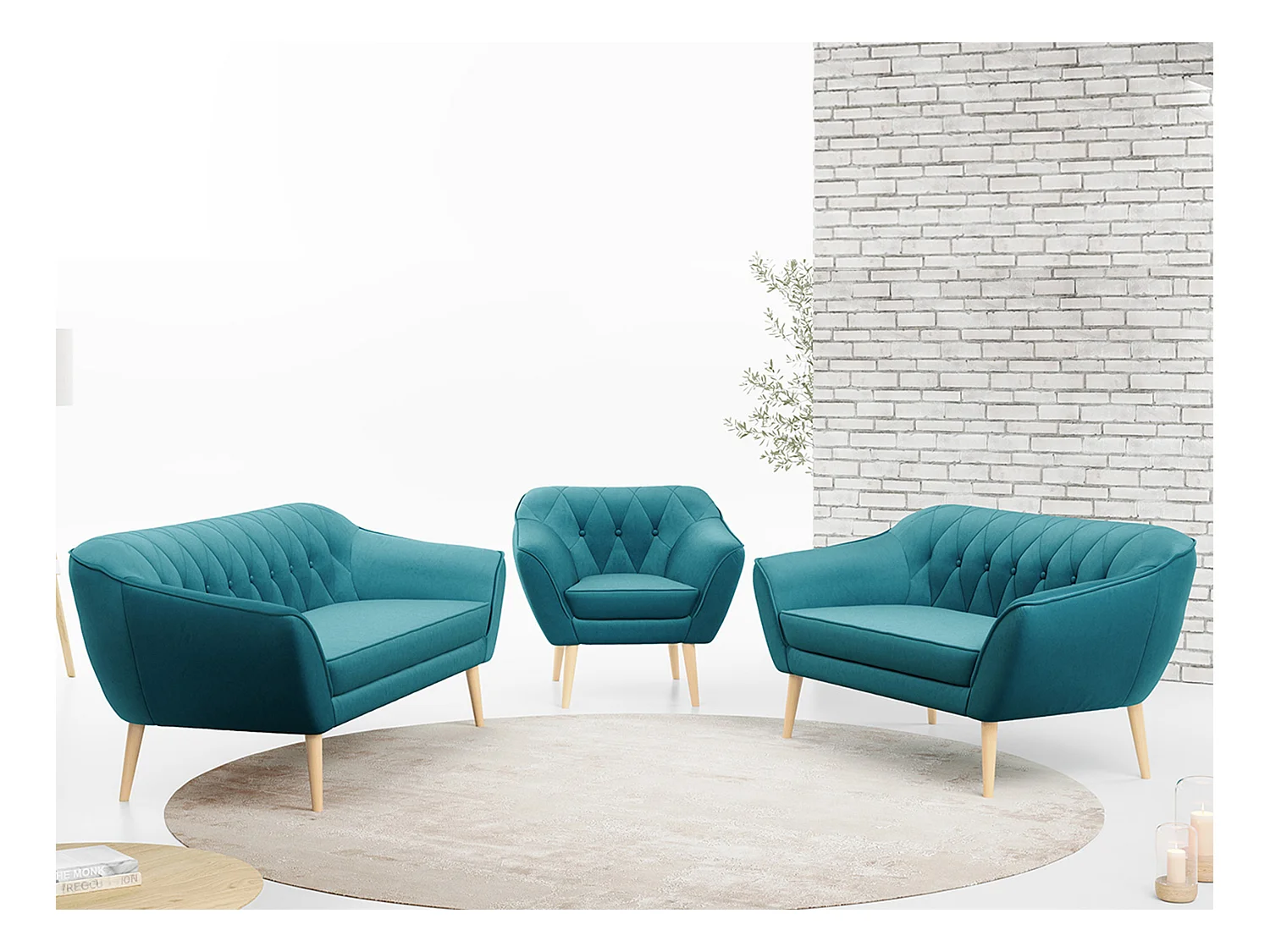 Couchgarnitur PIRS - 3+2+1, mit Armlehnen, Holzbeine, Skandinavischer Design - Blau Velvet