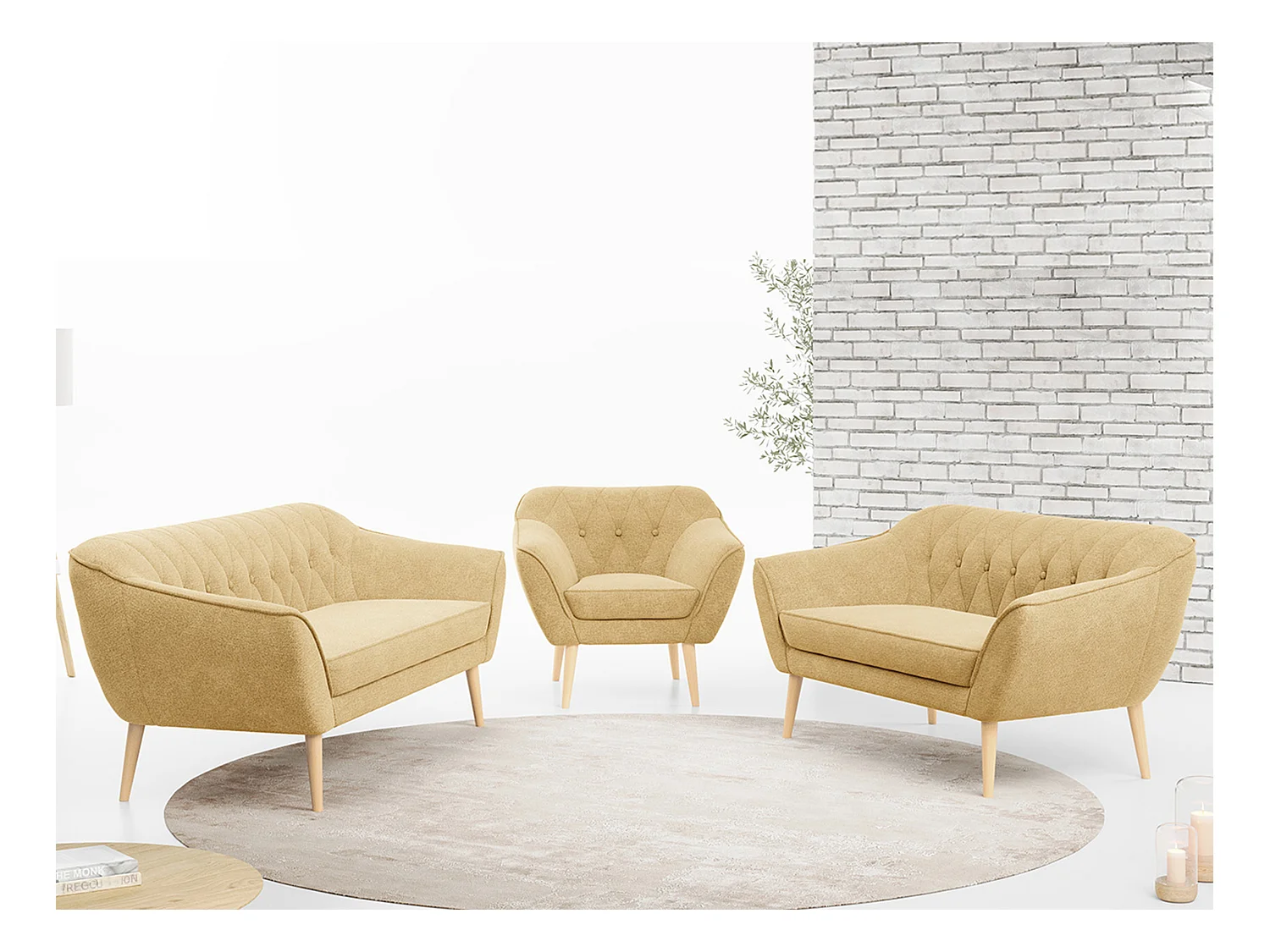 Couchgarnitur PIRS - 3+2+1, mit Armlehnen, Holzbeine, Skandinavischer Design - Gelb Stukture