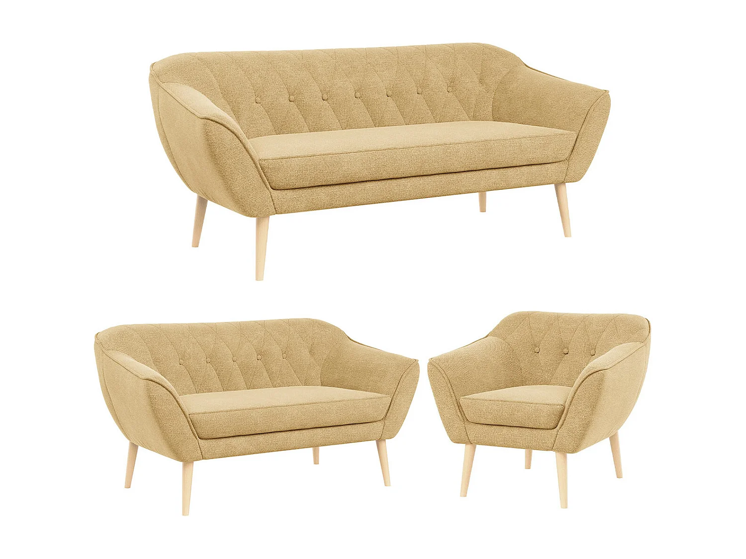 Couchgarnitur PIRS - 3+2+1, mit Armlehnen, Holzbeine, Skandinavischer Design - Gelb Stukture