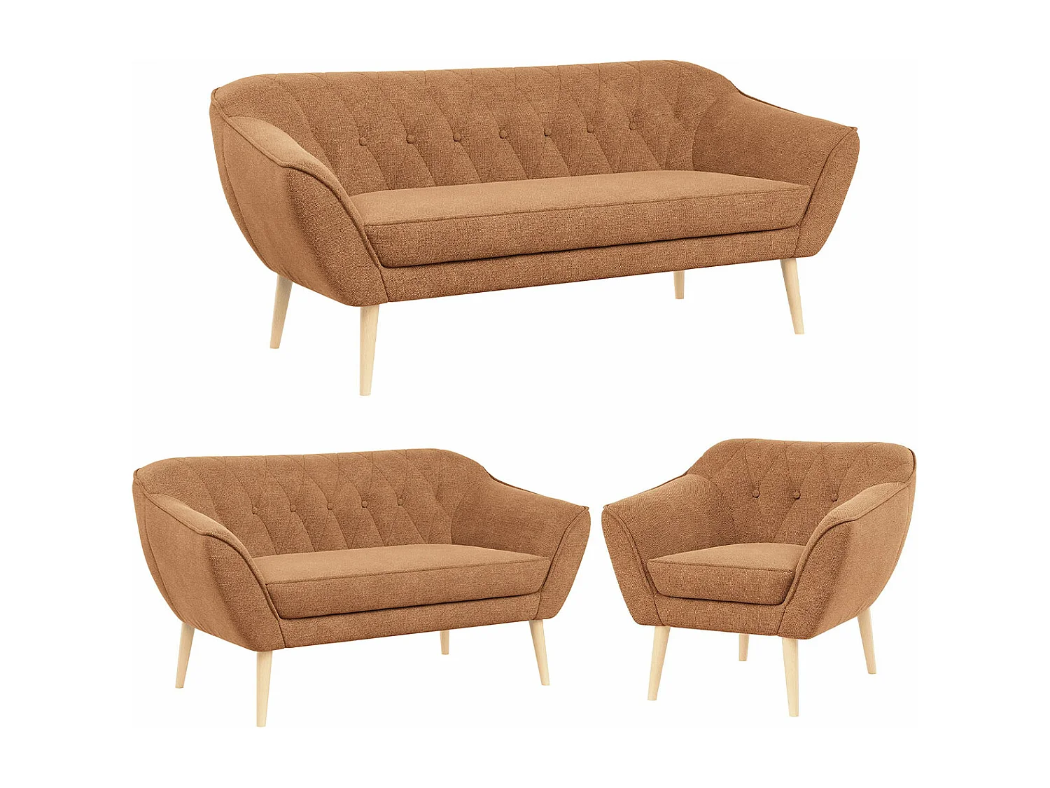 Couchgarnitur PIRS - 3+2+1, mit Armlehnen, Holzbeine, Skandinavischer Design - Orange Stukture