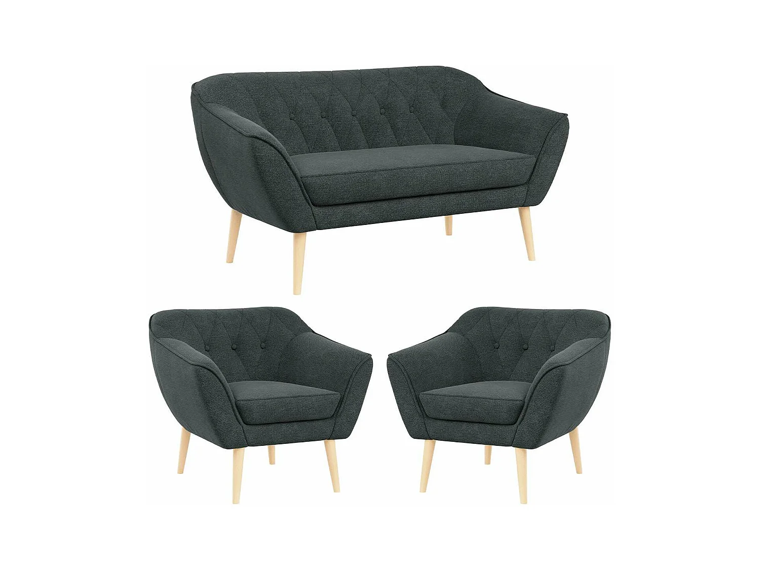 Sofagarnitur PIRS - 2+1+1, Sofa mit Sesseln, Skandinavischer Design, Armlehnen - Dunkelgrau Stukture
