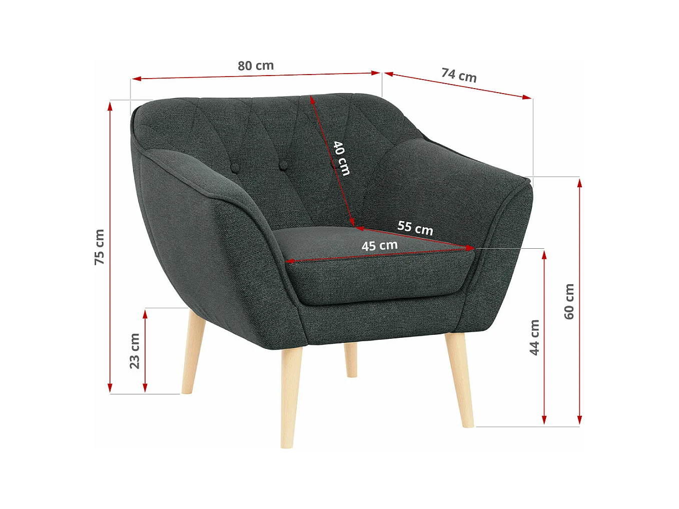 Sofagarnitur PIRS - 2+1+1, Sofa mit Sesseln, Skandinavischer Design, Armlehnen - Dunkelgrau Stukture