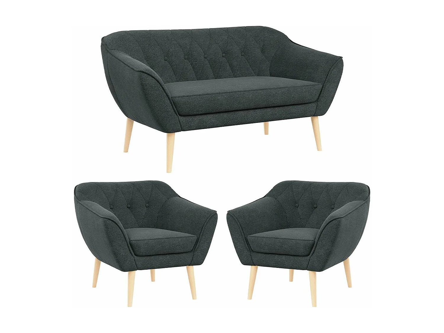 Sofagarnitur PIRS - 2+1+1, Sofa mit Sesseln, Skandinavischer Design, Armlehnen - Dunkelgrau Stukture