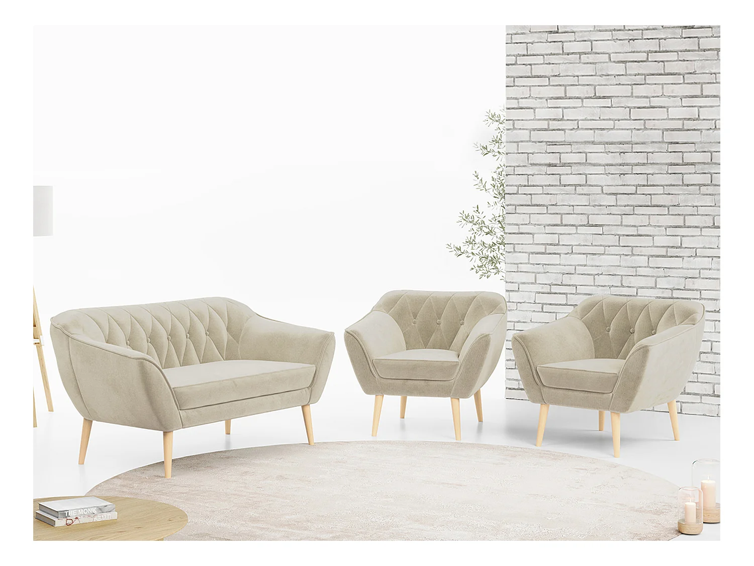 Sofagarnitur PIRS - 2+1+1, Sofa mit Sesseln, Skandinavischer Design, Armlehnen - Grün Velvet