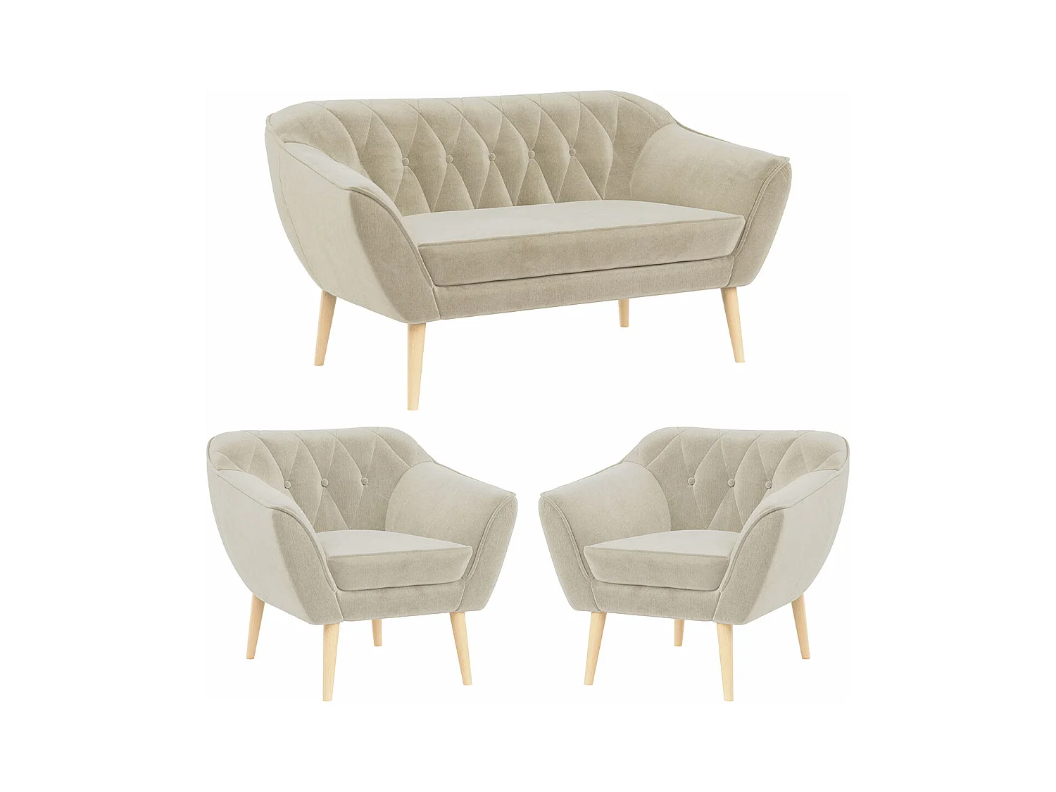 Sofagarnitur PIRS - 2+1+1, Sofa mit Sesseln, Skandinavischer Design, Armlehnen - Grün Velvet