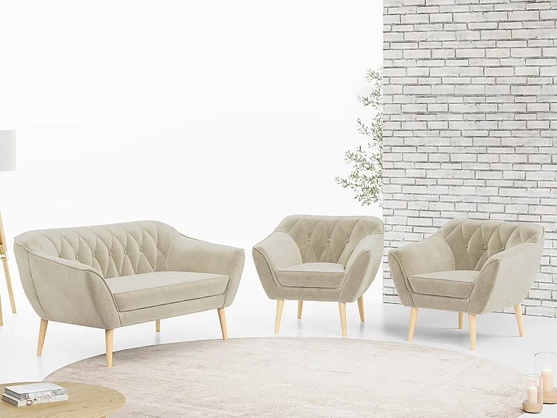 Sofagarnitur PIRS - 2+1+1, Sofa mit Sesseln, Skandinavischer Design, Armlehnen - Grün Velvet