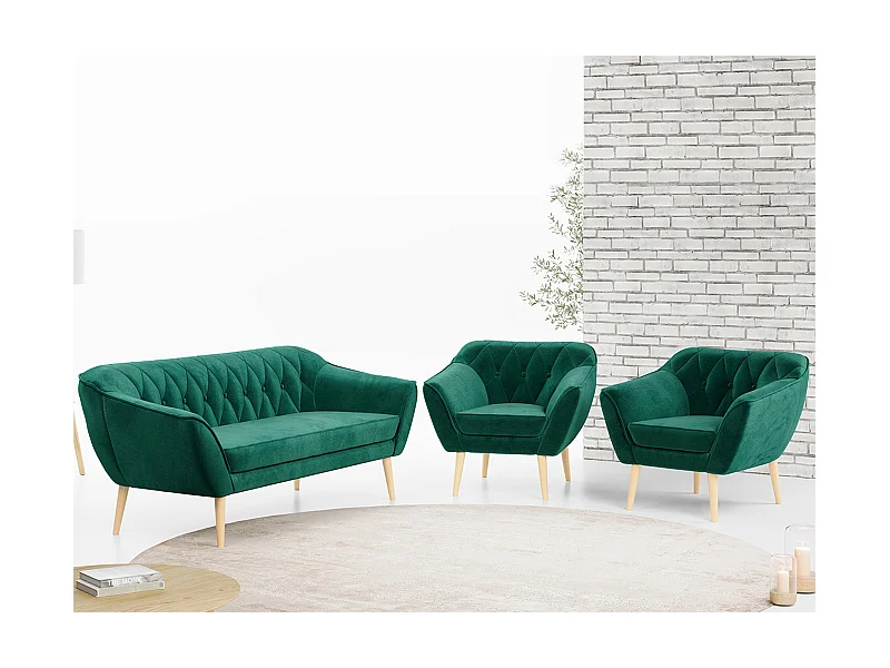 Couchgarnitur PIRS - 3+1+1, Armlehnen,Skandinavischer Design, 3-Sitzer Sofa mi Sesseln - Dunkelgrün Velvet