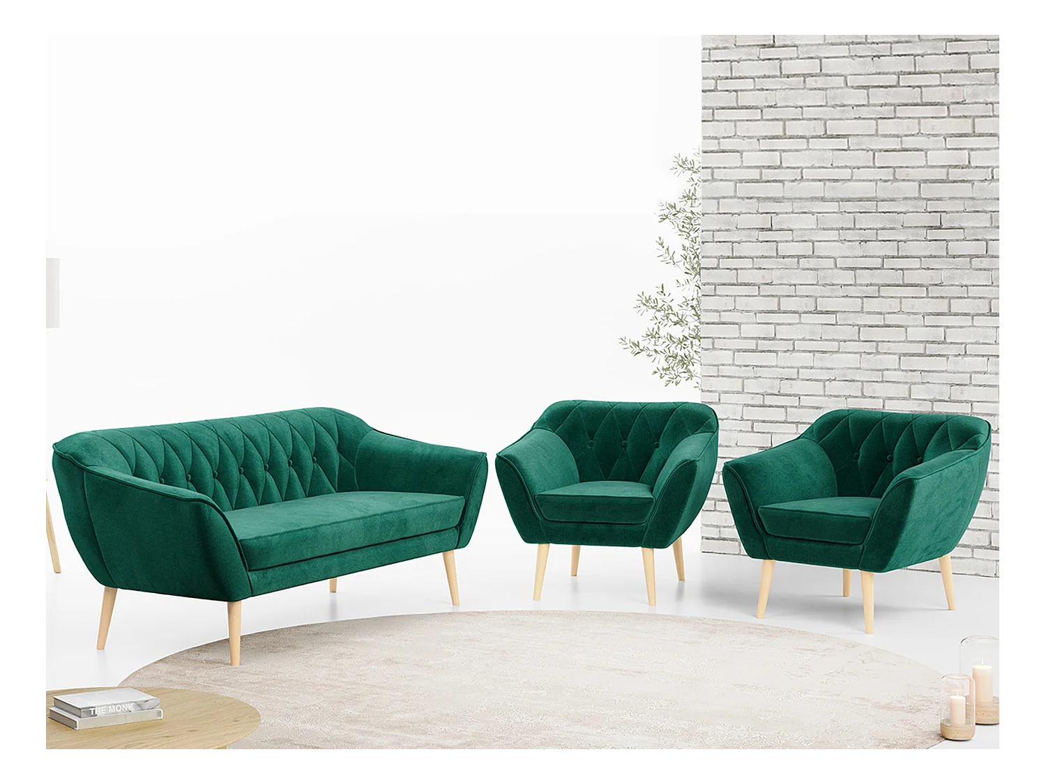 Couchgarnitur PIRS - 3+1+1, Armlehnen,Skandinavischer Design, 3-Sitzer Sofa mi Sesseln - Dunkelgrün Velvet