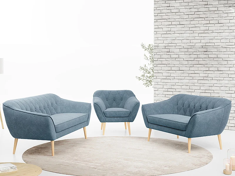Couchgarnitur PIRS - 3+2+1, mit Armlehnen, Holzbeine, Skandinavischer Design - Blau Stukture
