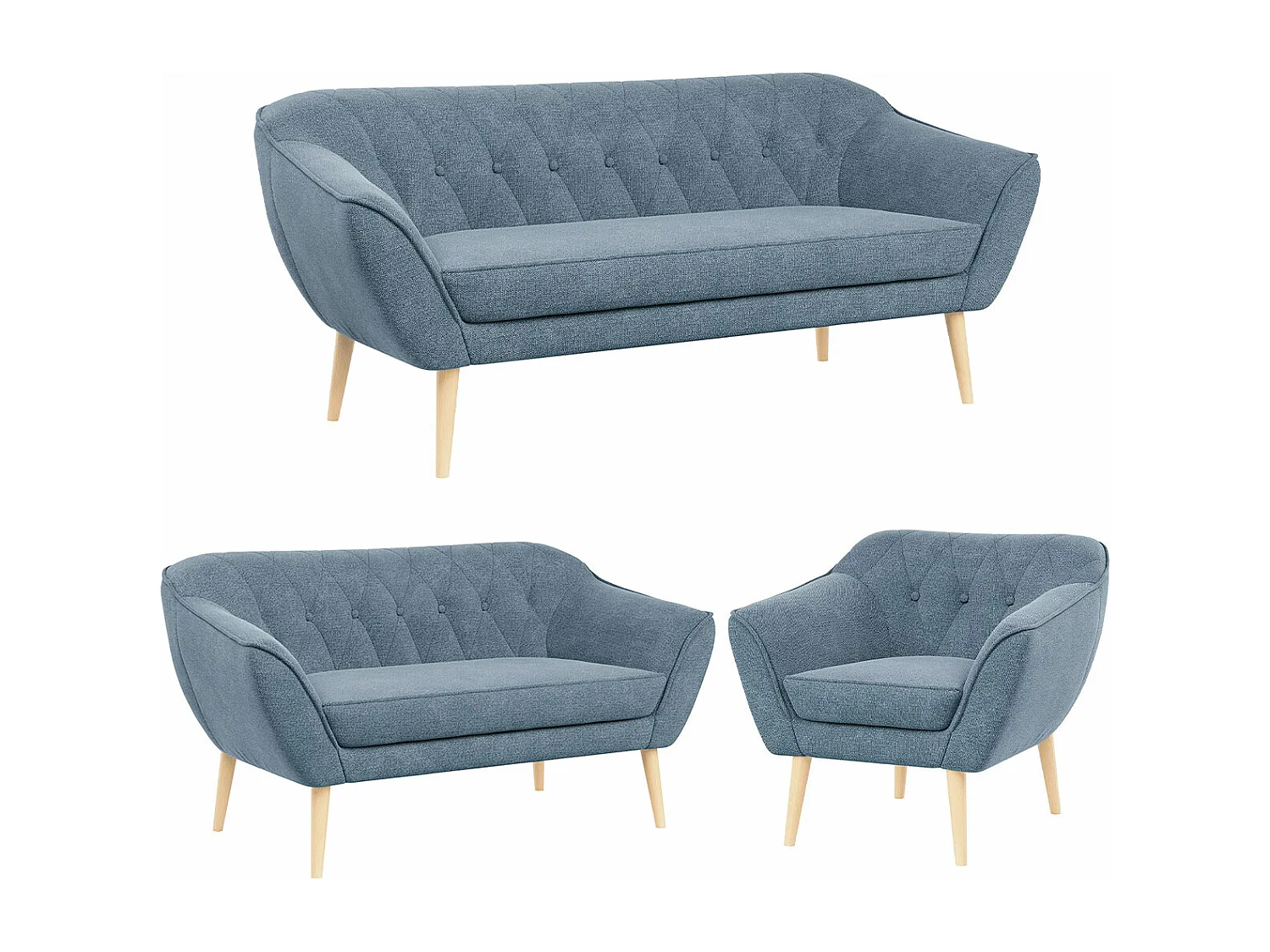 Couchgarnitur PIRS - 3+2+1, mit Armlehnen, Holzbeine, Skandinavischer Design - Blau Stukture
