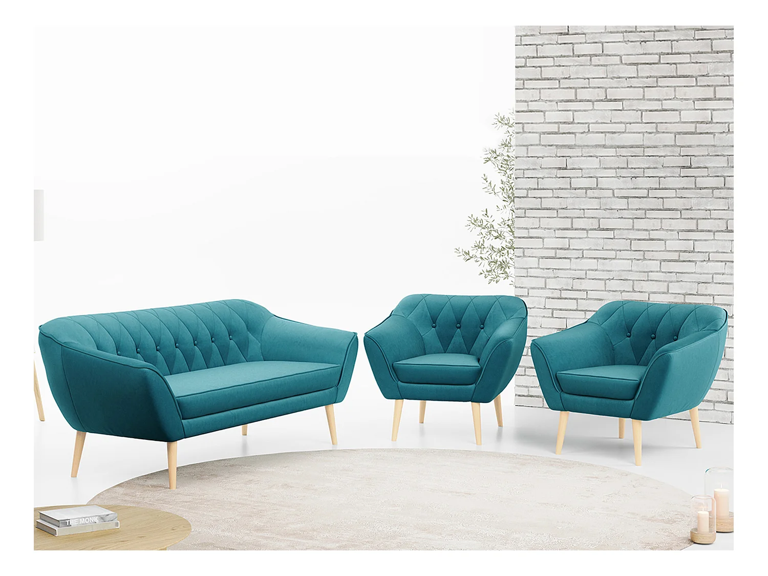 Couchgarnitur PIRS - 3+1+1, Armlehnen,Skandinavischer Design, 3-Sitzer Sofa mi Sesseln - Blau Velvet