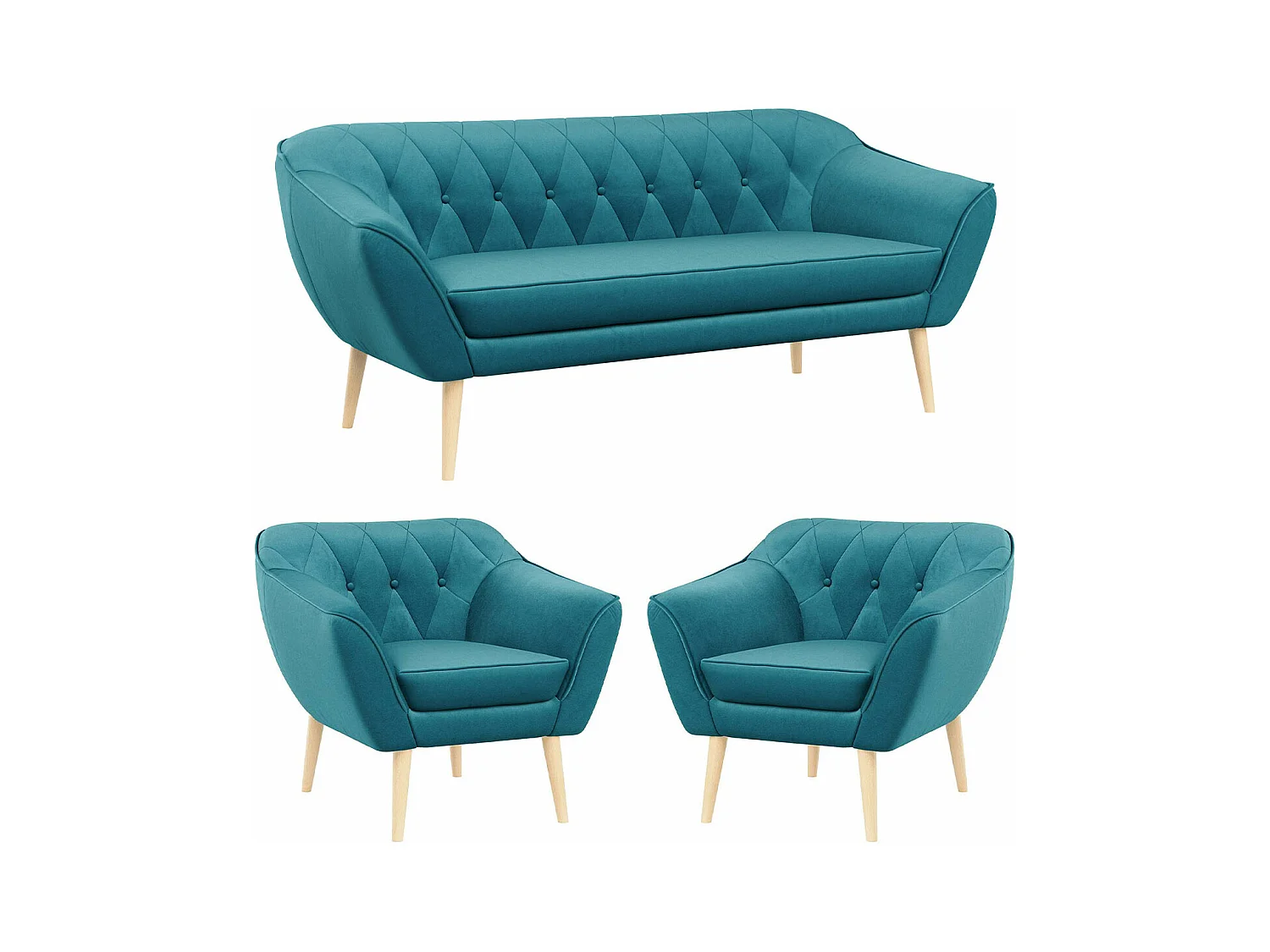 Couchgarnitur PIRS - 3+1+1, Armlehnen,Skandinavischer Design, 3-Sitzer Sofa mi Sesseln - Blau Velvet