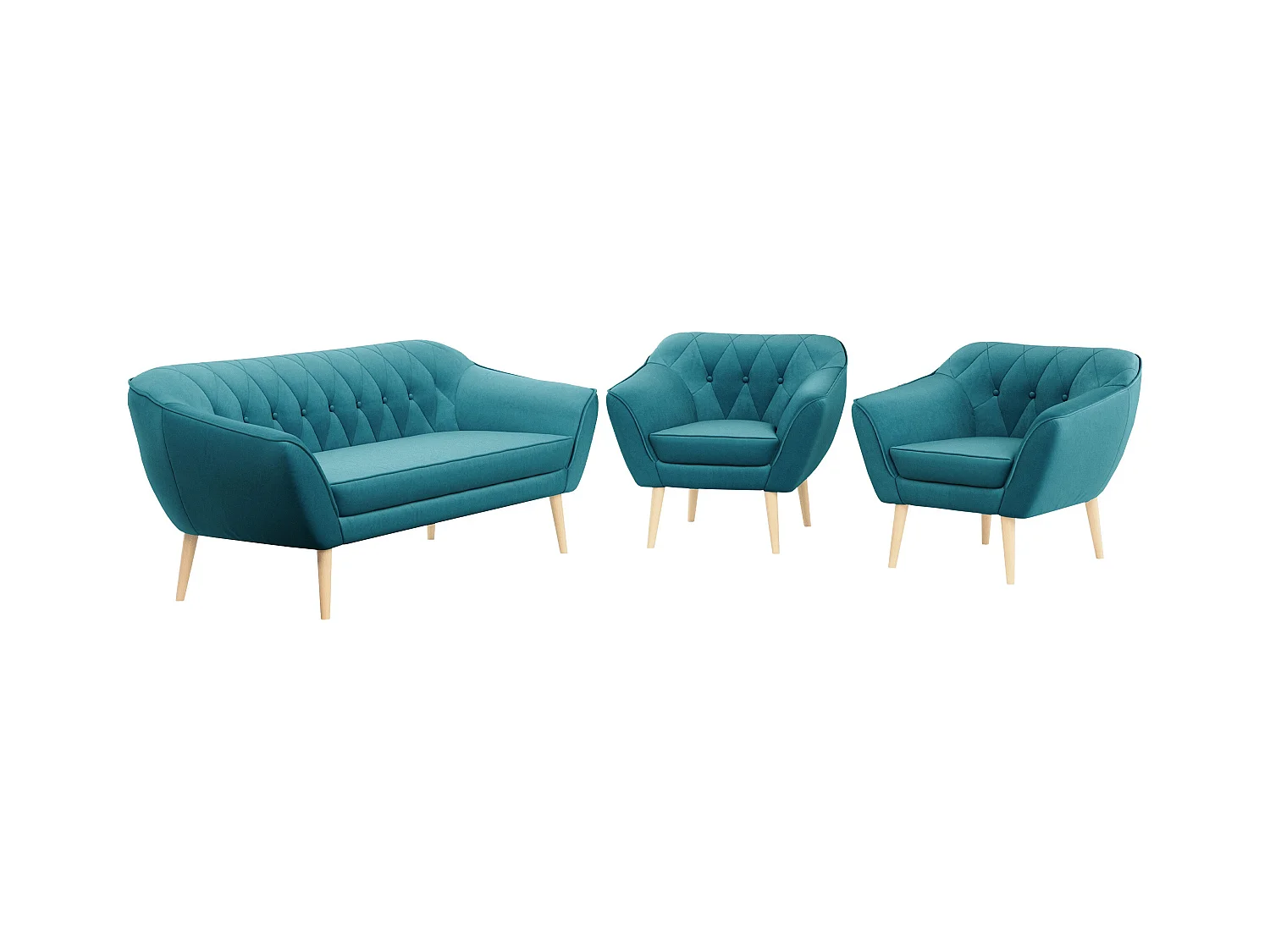 Couchgarnitur PIRS - 3+1+1, Armlehnen,Skandinavischer Design, 3-Sitzer Sofa mi Sesseln - Blau Velvet