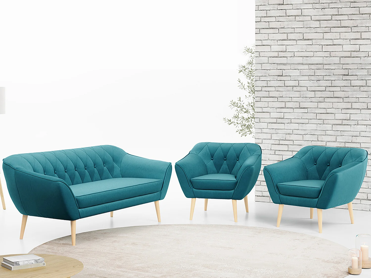 Couchgarnitur PIRS - 3+1+1, Armlehnen,Skandinavischer Design, 3-Sitzer Sofa mi Sesseln - Blau Velvet
