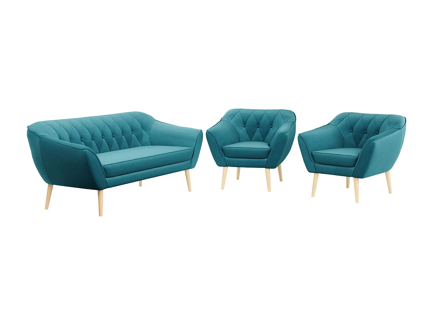Couchgarnitur PIRS - 3+1+1, Armlehnen,Skandinavischer Design, 3-Sitzer Sofa mi Sesseln - Blau Velvet