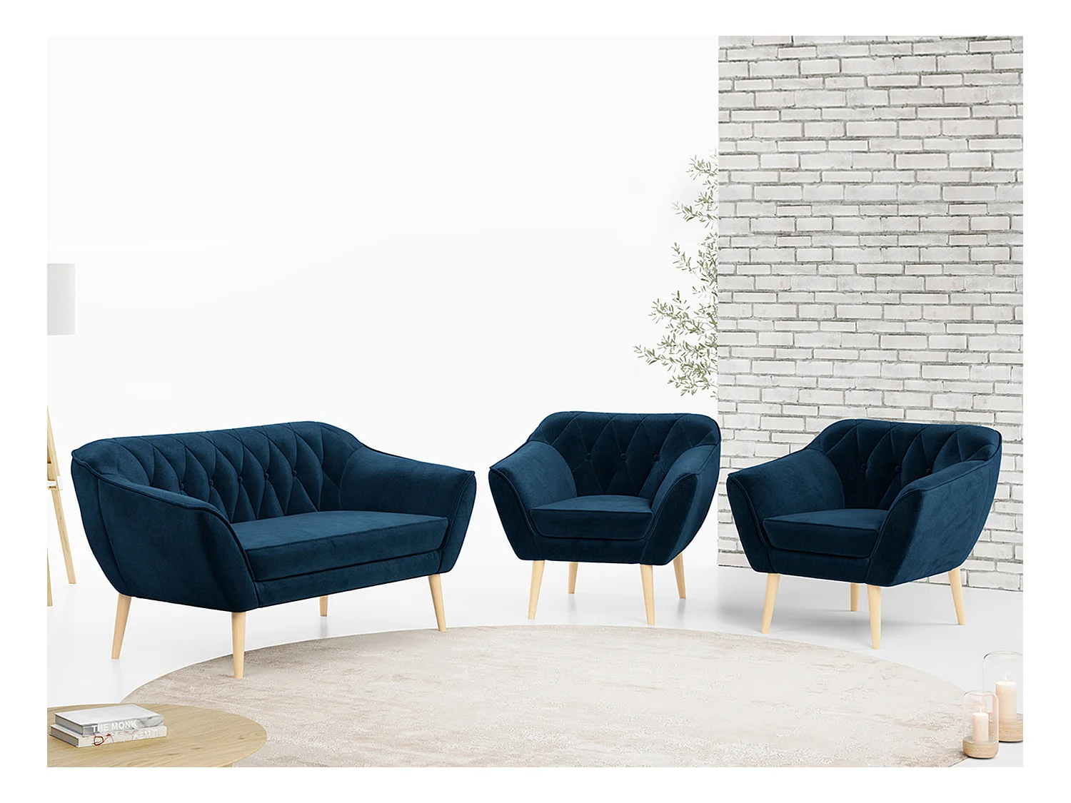 Sofagarnitur PIRS - 2+1+1, Sofa mit Sesseln, Skandinavischer Design, Armlehnen - Dunkelblau Velvet