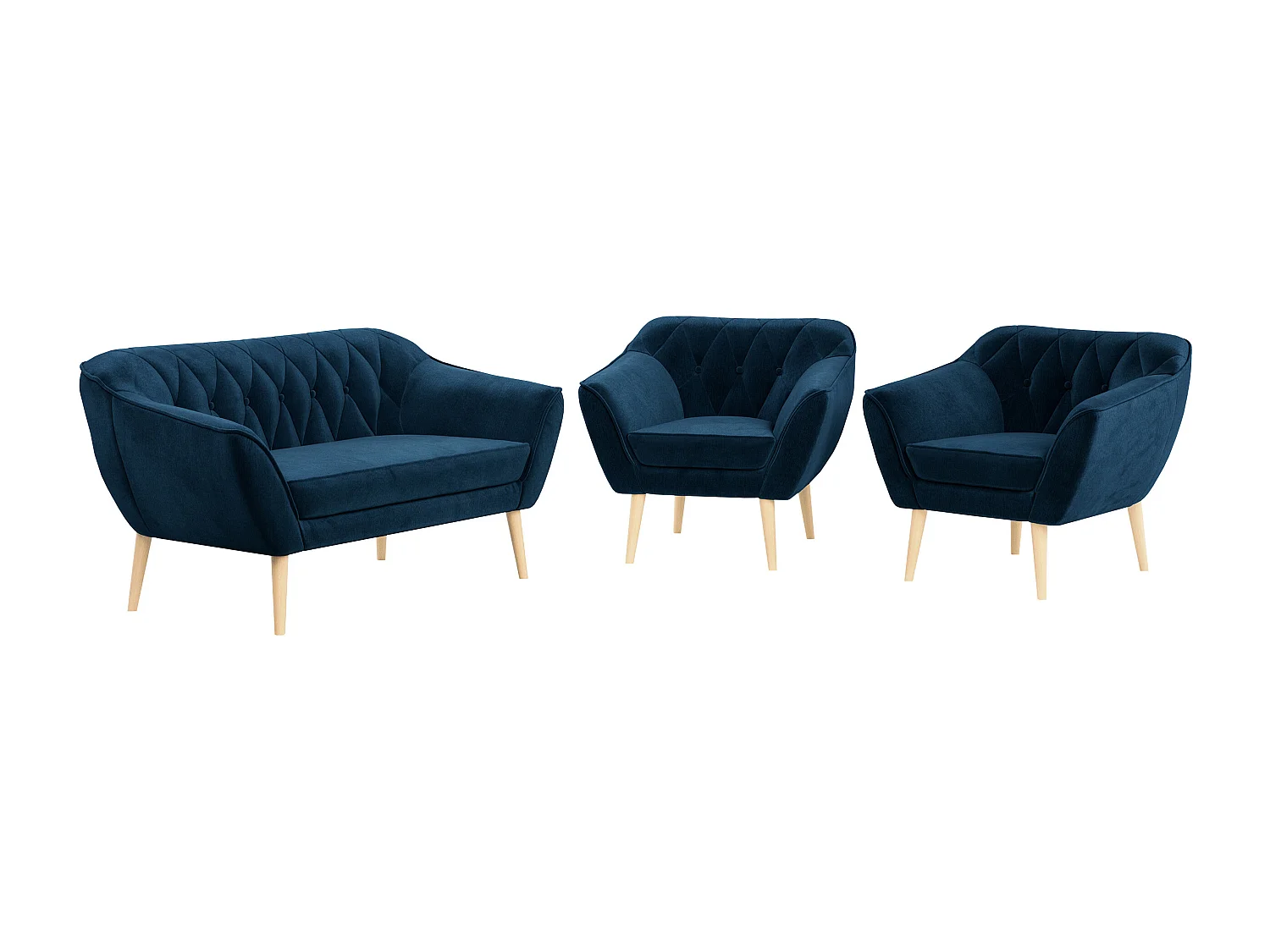 Sofagarnitur PIRS - 2+1+1, Sofa mit Sesseln, Skandinavischer Design, Armlehnen - Dunkelblau Velvet