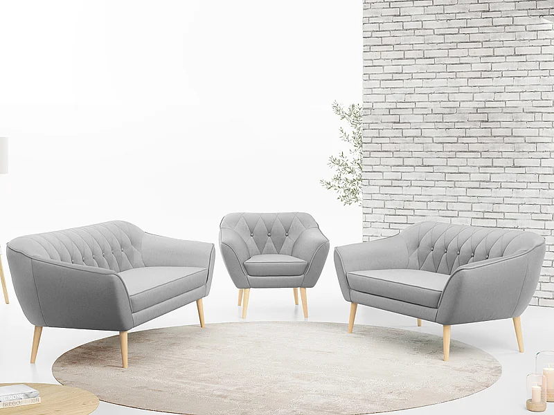 Couchgarnitur PIRS - 3+2+1, mit Armlehnen, Holzbeine, Skandinavischer Design - Hellgrau Velvet